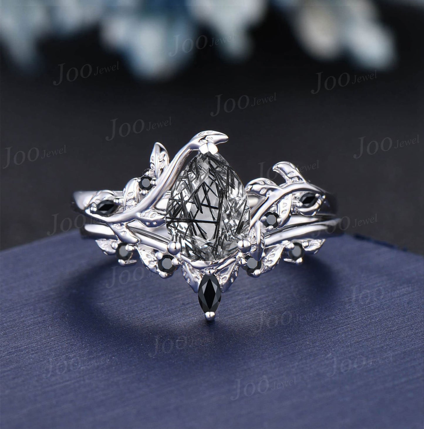 Antique Natural Black Rutilated Quartz Pear Engagement Ring Leaf Nature Inspired Black Spinel Diamond Ring Women Art Deco Black Promise Ring