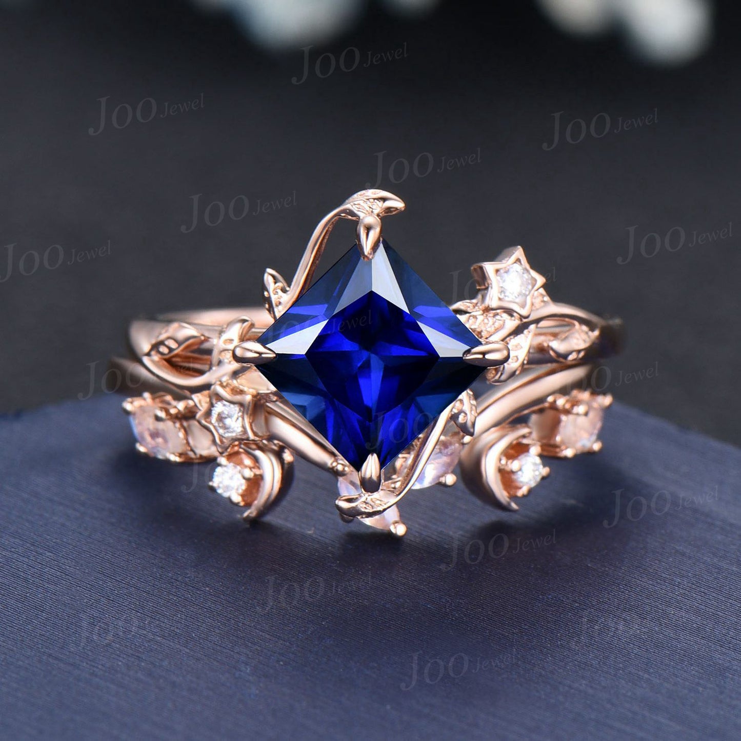 Princess Cut Blue Sapphire Moonstone Wedding Ring Set Unique Nature Inspired Branch Proposal Ring Moon Star Design Blue Sapphire Ring Women