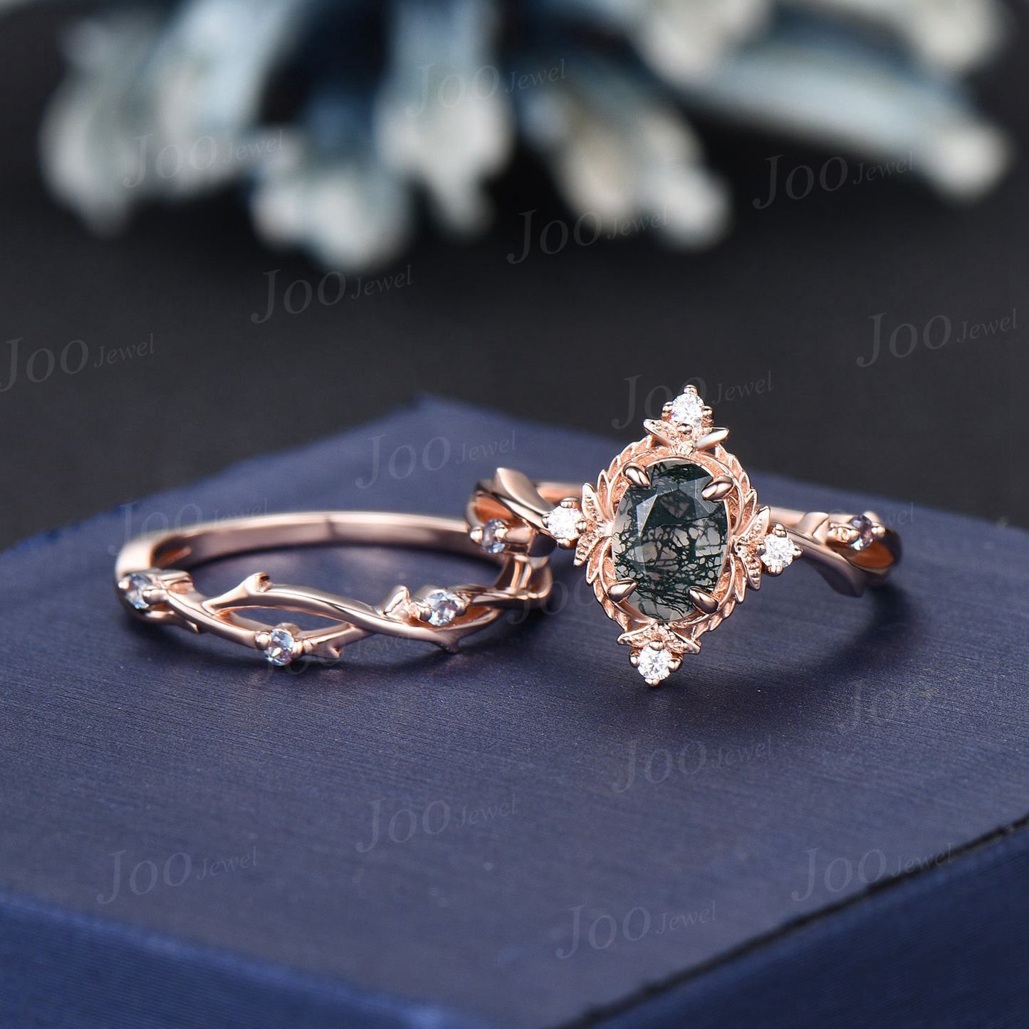 Halo Twig Moss Agate Ring Nature Inspired Oval Wedding Ring 14K Rose Gold Branch Vine Alexandrite Diamond Ring Unique Wedding Gifts Women