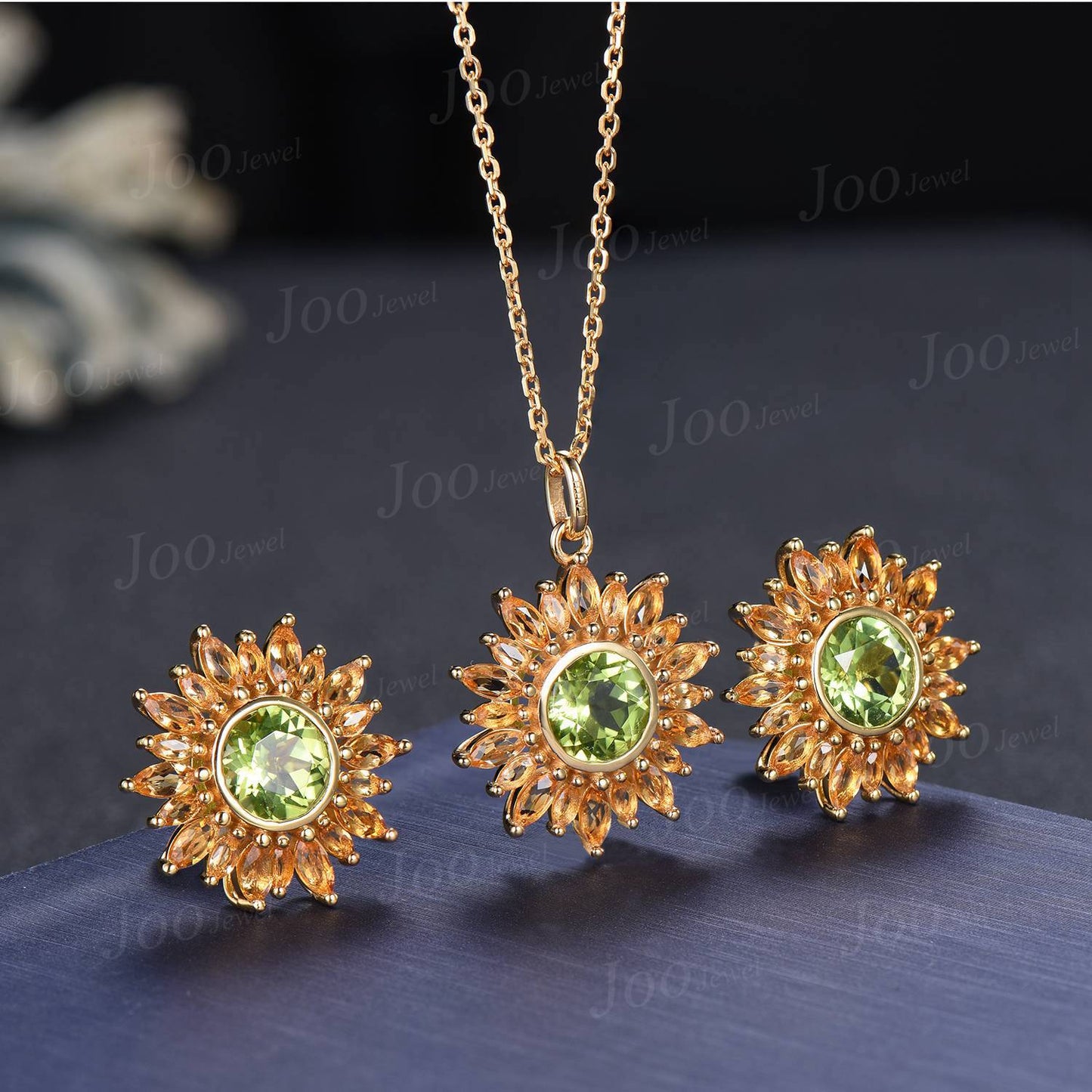 Sunflower Stud Earrings | Round Cut Natural Peridot Citrine Halo Earrings in 9K Gold | Dainty August Birthstone Birthday Gifts for Women
