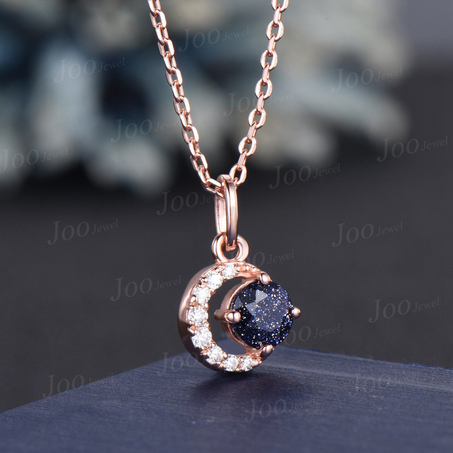 Dainty Round Blue Sandstone Pendant Necklace Silver/14K Yellow Gold Starry Sky Blue Goldstone Wedding Necklace Unique Celestial Moon Jewelry