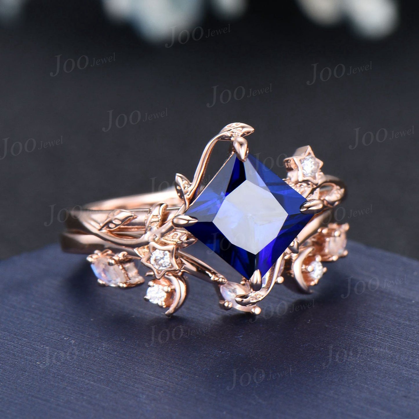 Princess Cut Blue Sapphire Moonstone Wedding Ring Set Unique Nature Inspired Branch Proposal Ring Moon Star Design Blue Sapphire Ring Women