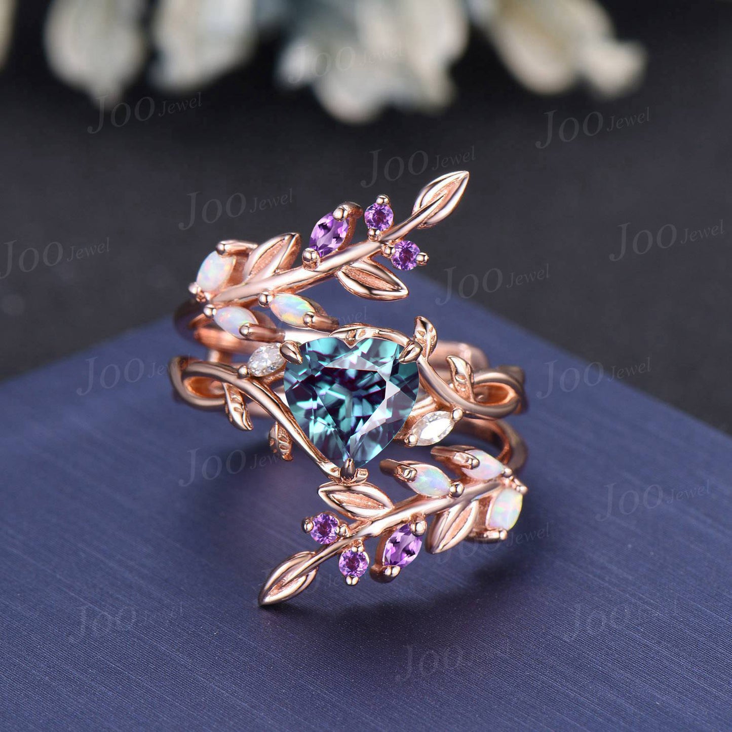 Black Ring Set Nature Inspired Color-Change Alexandrite Amethyst Bridal Set Twig Vine Pear Alexandrite Engagement Ring June Birthstone Gifts (Copy)