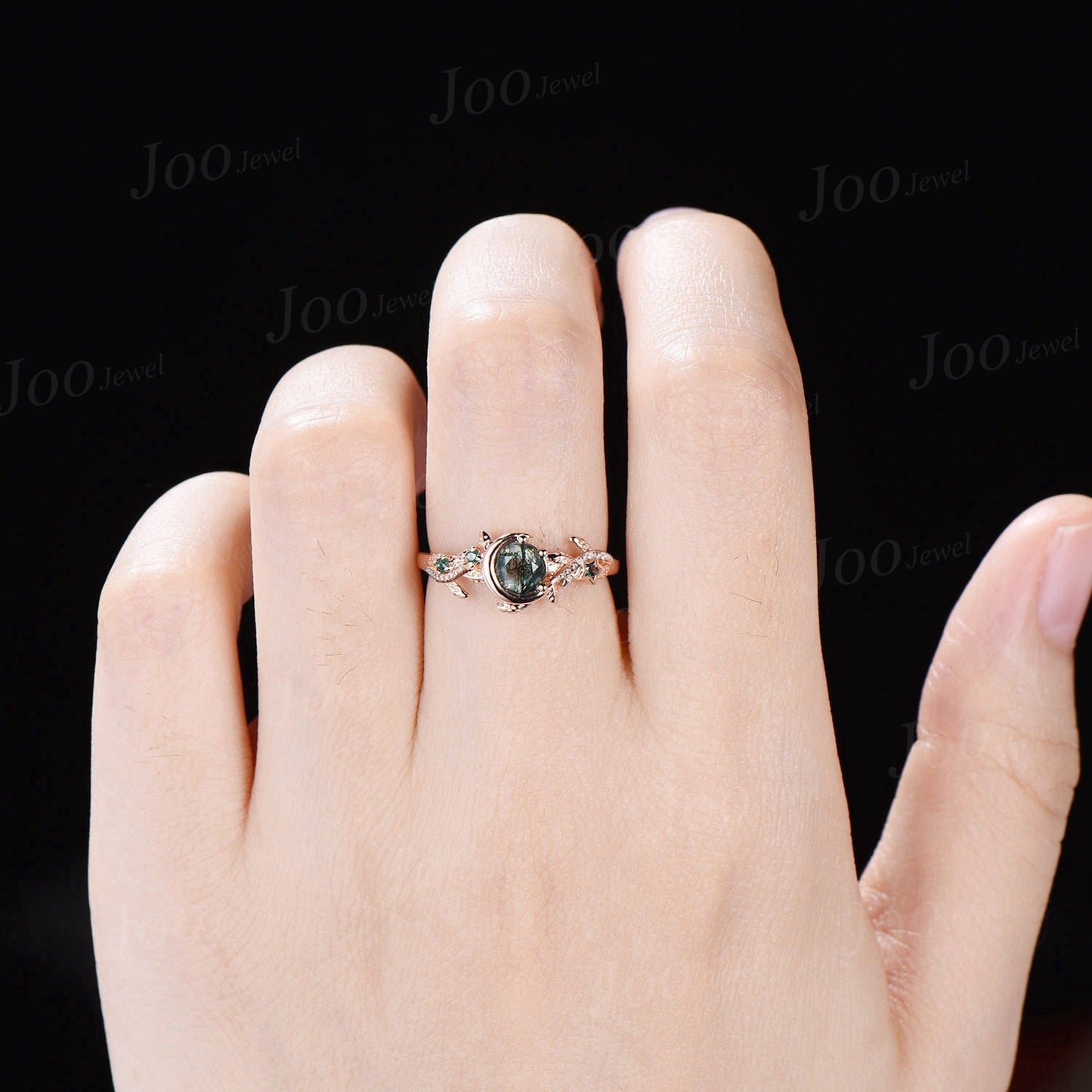 Entangled Vines Natural Green Moss Agate Emerald Ring Vintage 5mm Round Moss Agate Moon Star Engagement Ring Leaf Half Eternity Promise Ring