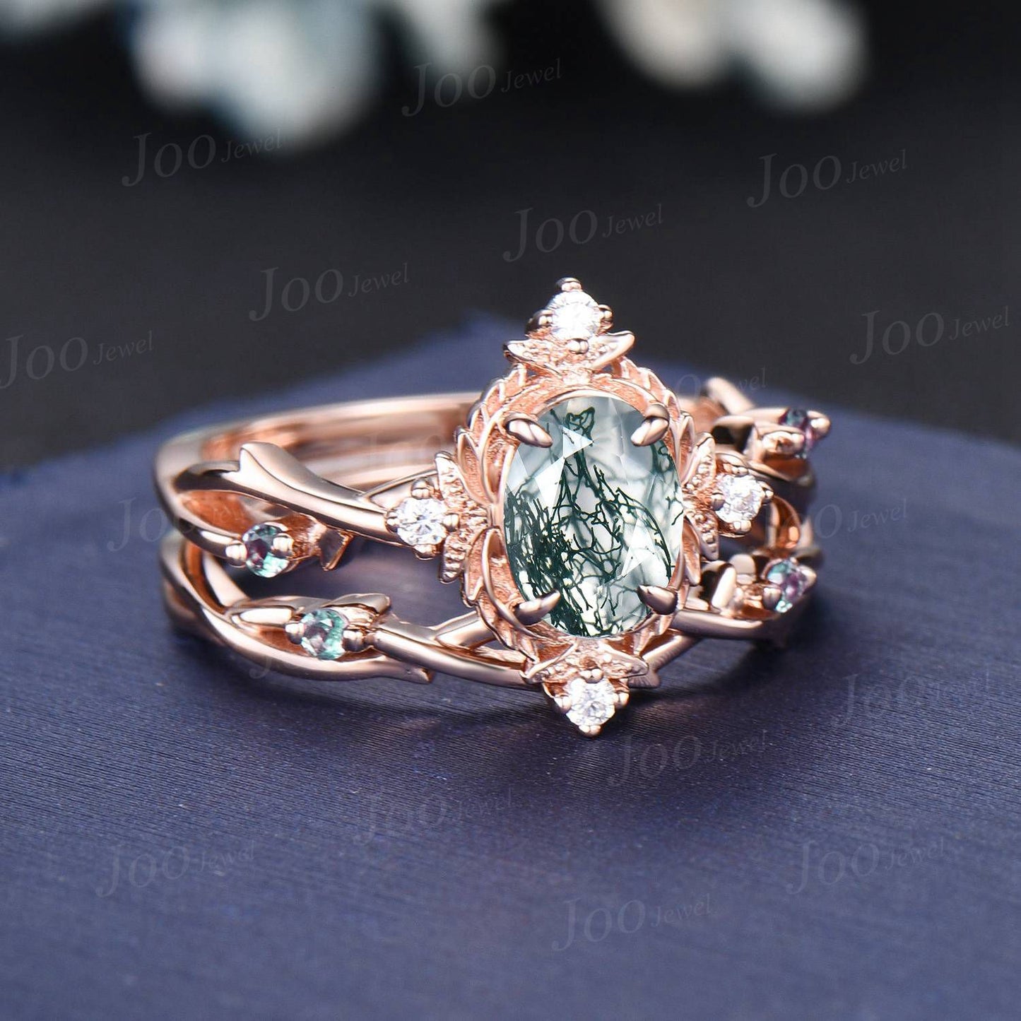 Halo Twig Moss Agate Ring Nature Inspired Oval Wedding Ring 14K Rose Gold Branch Vine Alexandrite Diamond Ring Unique Wedding Gifts Women