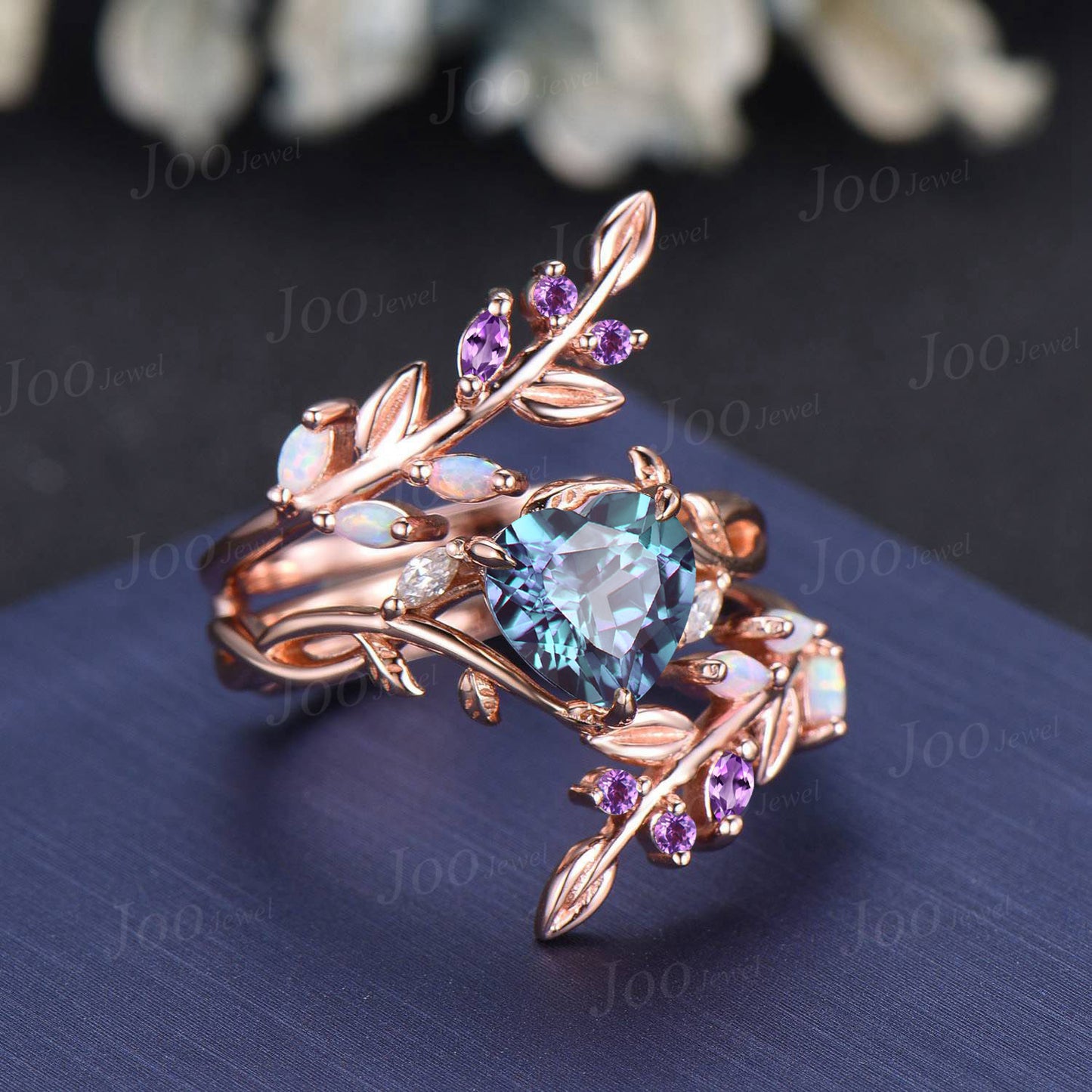 Black Ring Set Nature Inspired Color-Change Alexandrite Amethyst Bridal Set Twig Vine Pear Alexandrite Engagement Ring June Birthstone Gifts (Copy)