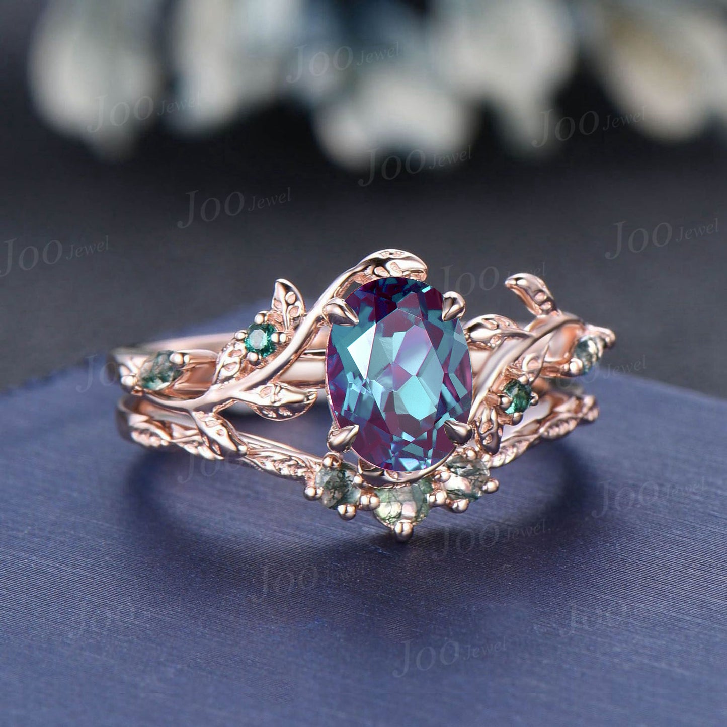 1.5ct Oval Alexandrite Moss Agate Bridal Ring Set Branch Leaf Vine Color-Change Alexandrite Engagement Ring Unique Wedding Anniversary Gifts
