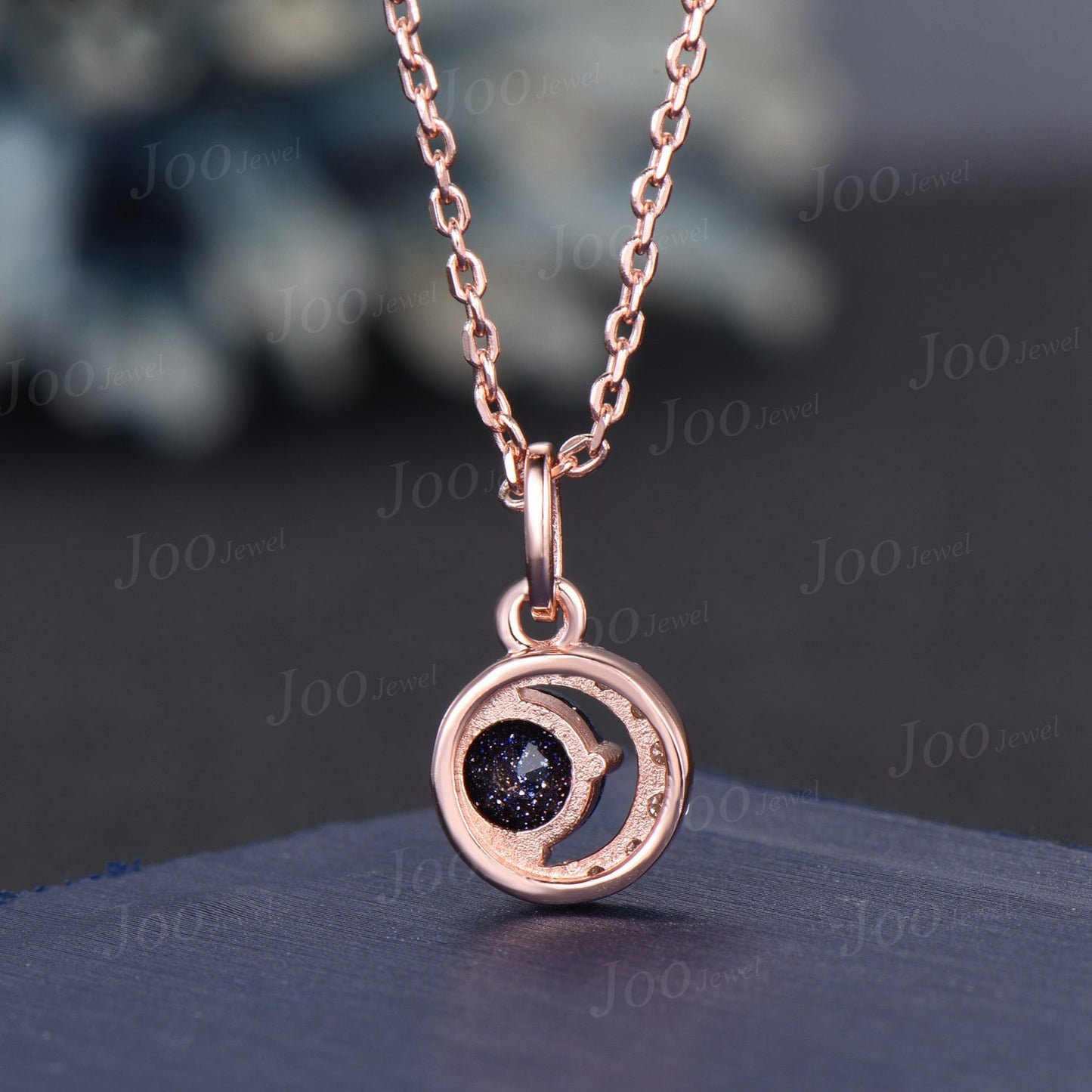 Dainty Round Blue Sandstone Pendant Necklace Silver/14K Yellow Gold Starry Sky Blue Goldstone Wedding Necklace Unique Celestial Moon Jewelry
