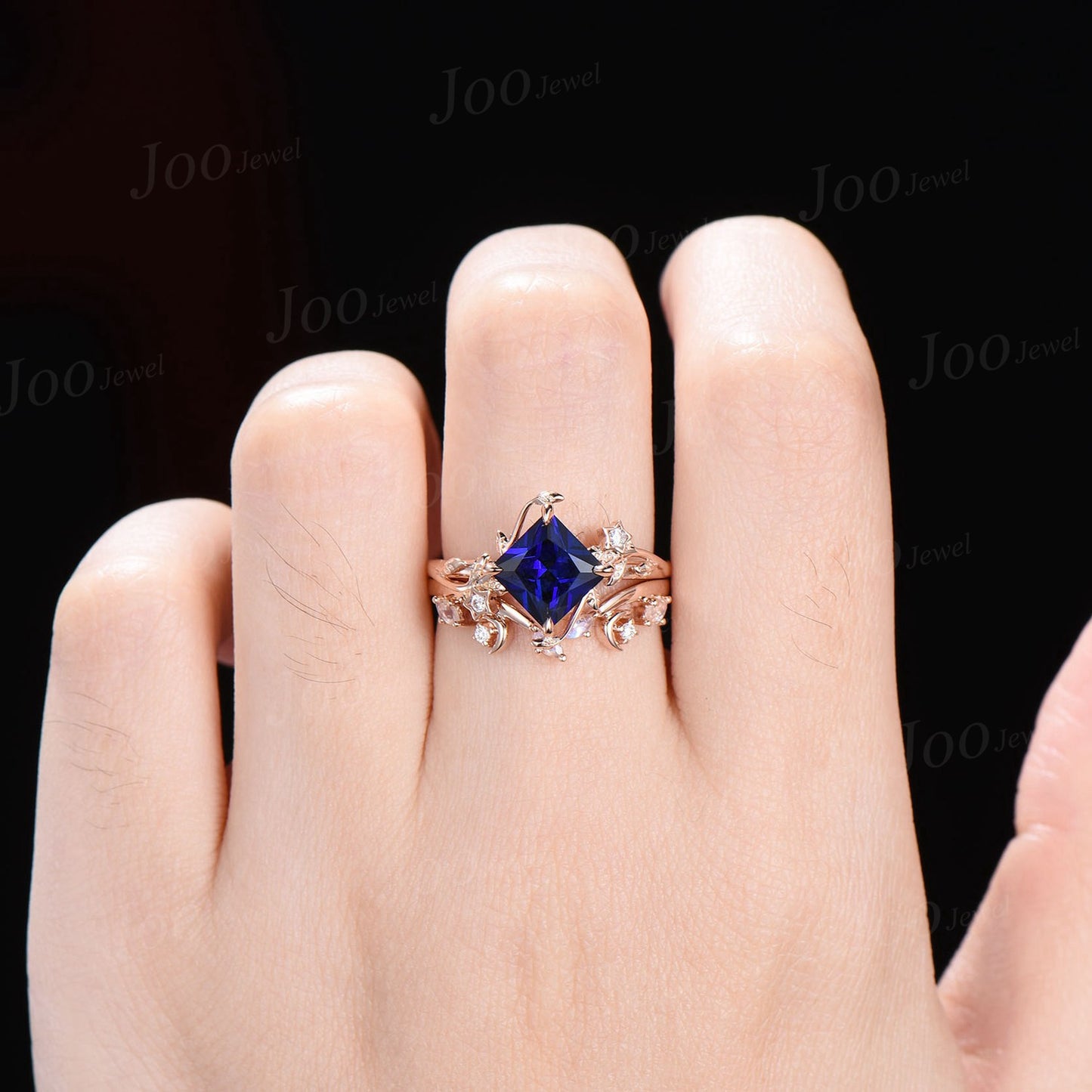 Princess Cut Blue Sapphire Moonstone Wedding Ring Set Unique Nature Inspired Branch Proposal Ring Moon Star Design Blue Sapphire Ring Women