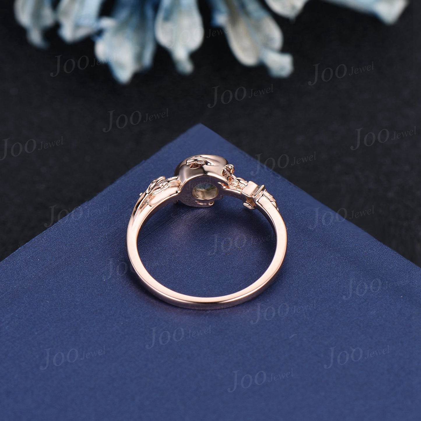 Entangled Vines Natural Green Moss Agate Emerald Ring Vintage 5mm Round Moss Agate Moon Star Engagement Ring Leaf Half Eternity Promise Ring