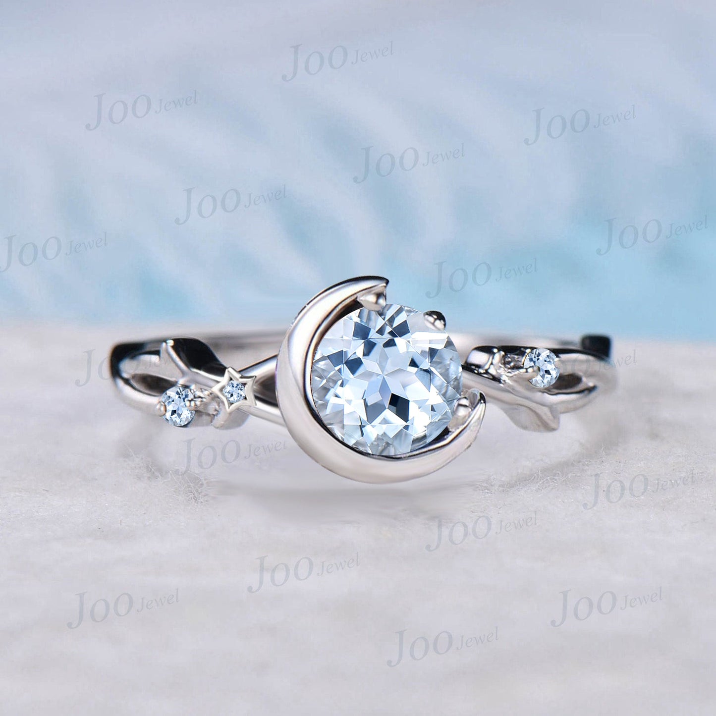 Twig Vine Wedding Ring Unique Moon Star Design 5mm Round Cut Natural Aquamarine Promise Ring Sterling Silver Summer Ocean Blue Gemstone Ring