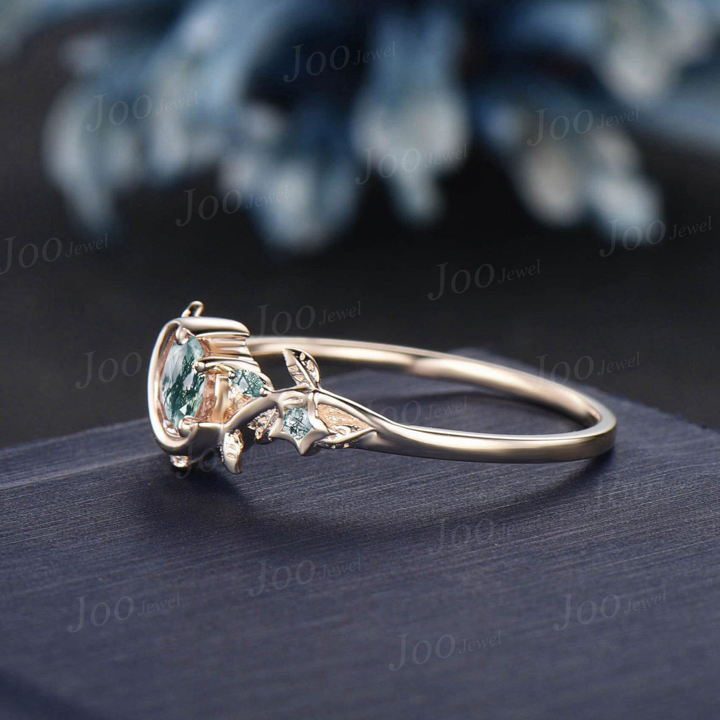 Moon Star Design Natural Green Agate Ring Vintage 5mm Round Cut Moss Agate Engagement Ring Leaf Wedding Ring Nature Inspired Rings for Women