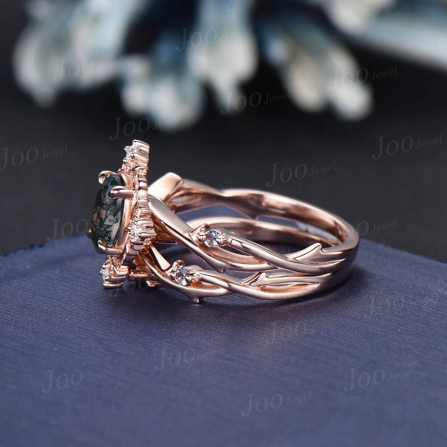Halo Twig Moss Agate Ring Nature Inspired Oval Wedding Ring 14K Rose Gold Branch Vine Alexandrite Diamond Ring Unique Wedding Gifts Women