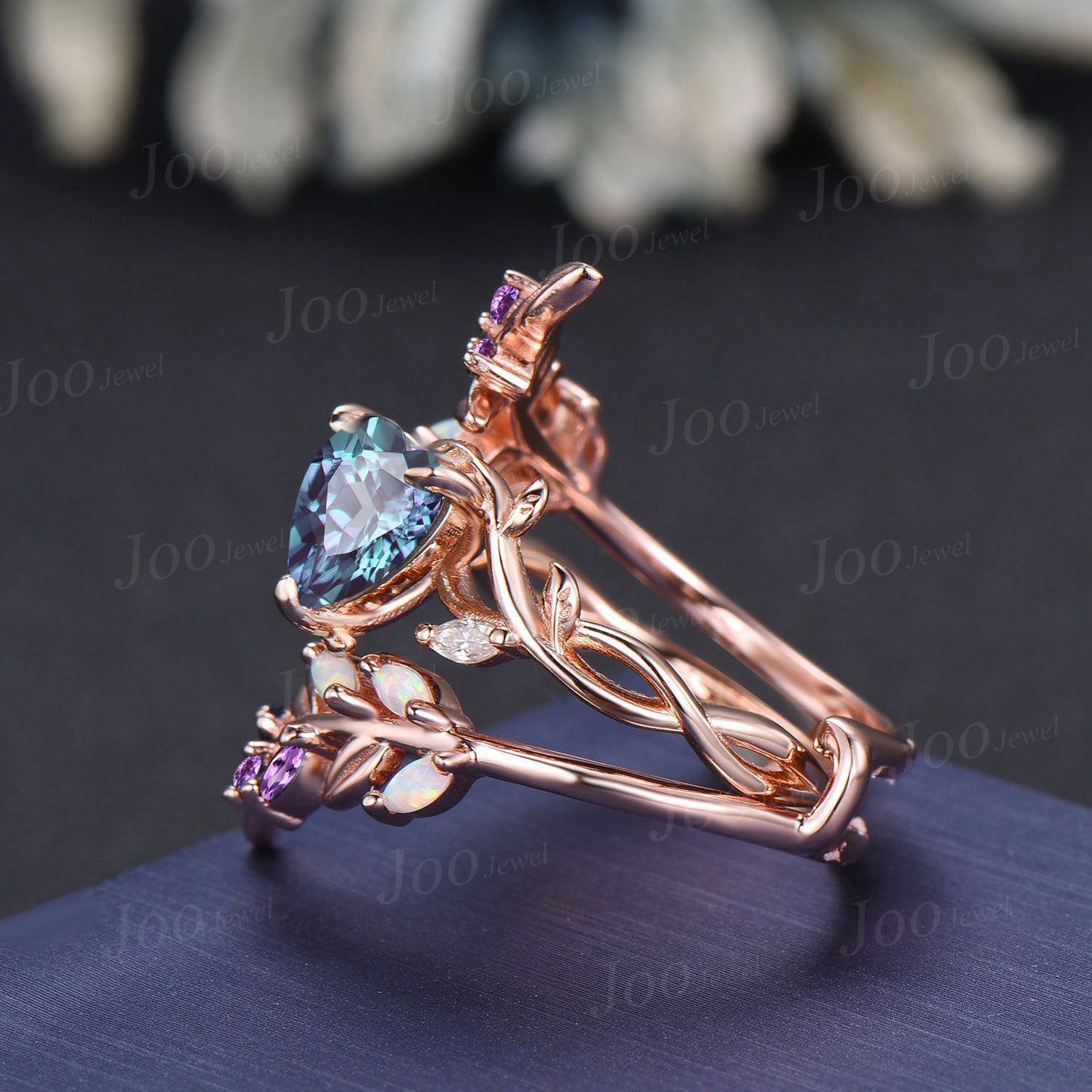 Black Ring Set Nature Inspired Color-Change Alexandrite Amethyst Bridal Set Twig Vine Pear Alexandrite Engagement Ring June Birthstone Gifts (Copy)