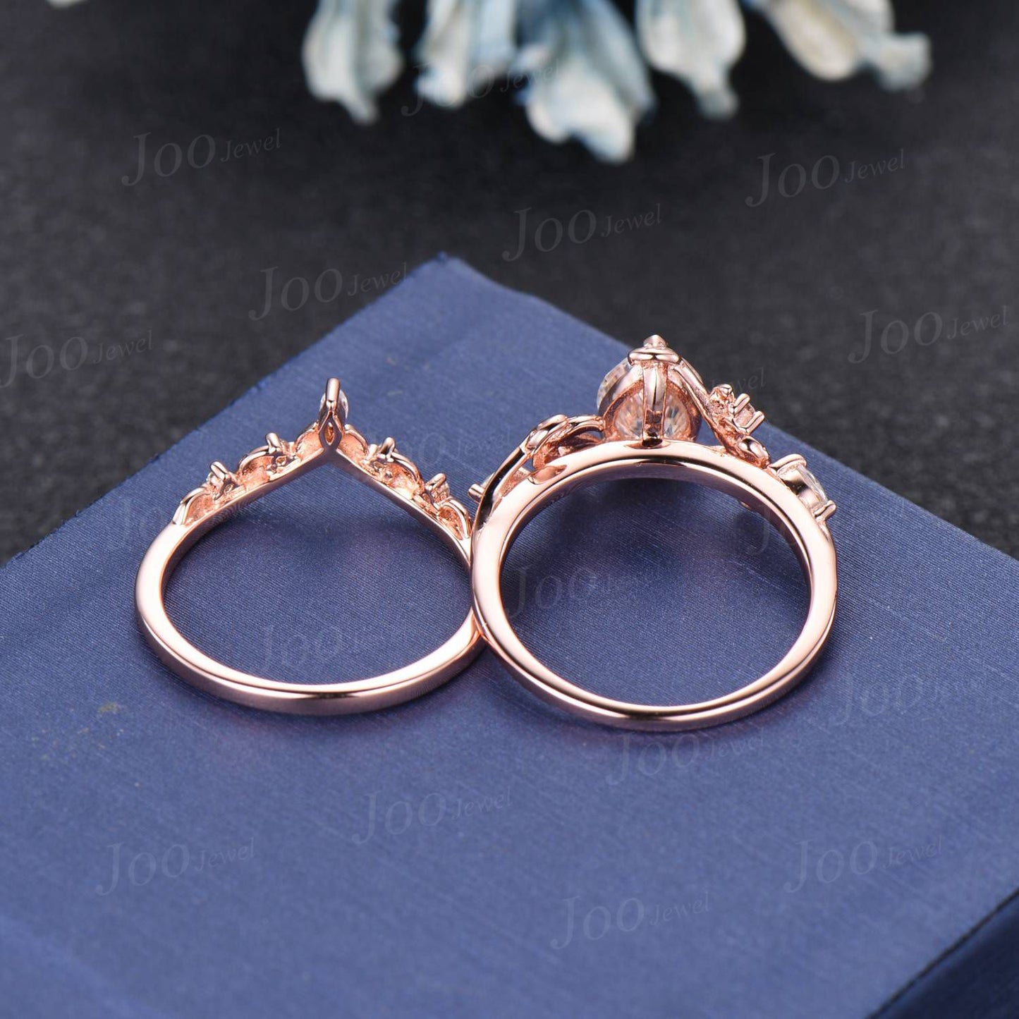 Nature Inspired Moissanite Engagement Ring Set 14K Rose Gold 1.25ct Pear Moissanite Diamond Wedding Ring Leaf Vine Branch Bypass Bridal Set