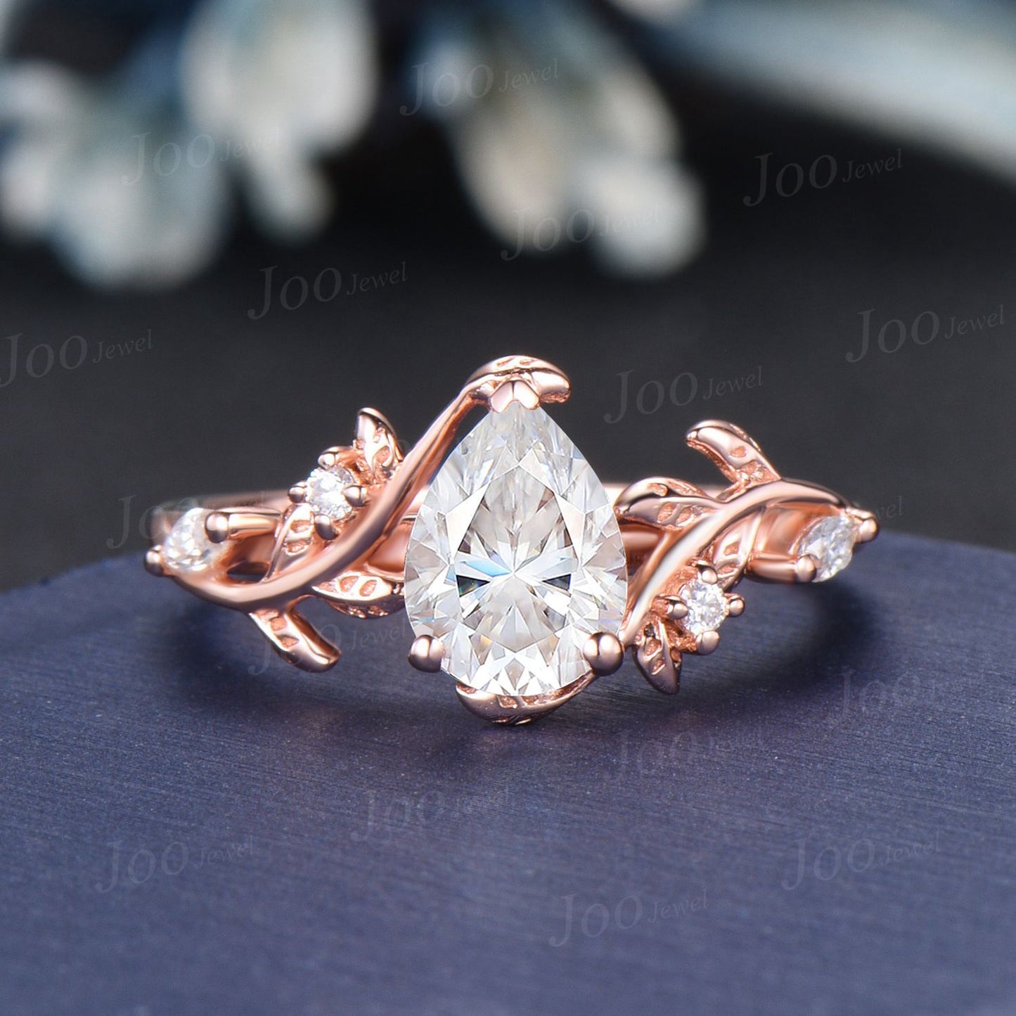 Nature Inspired Moissanite Engagement Ring Set 14K Rose Gold 1.25ct Pear Moissanite Diamond Wedding Ring Leaf Vine Branch Bypass Bridal Set