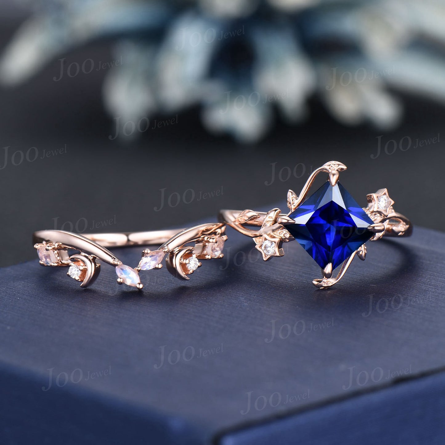 Princess Cut Blue Sapphire Moonstone Wedding Ring Set Unique Nature Inspired Branch Proposal Ring Moon Star Design Blue Sapphire Ring Women