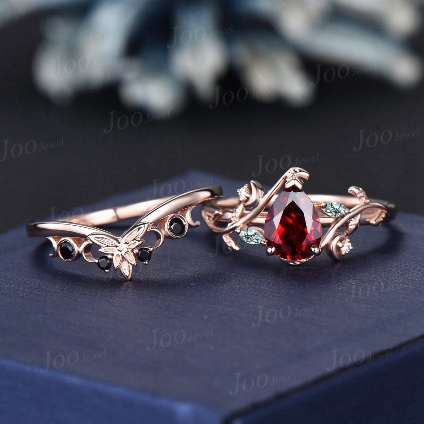 Black And Red Wedding Ring Sets Moon Engagement Ring 14K Rose Gold Nature Inspired Pear Natural Garnet Ring For Women Red Garnet Bridal Ring