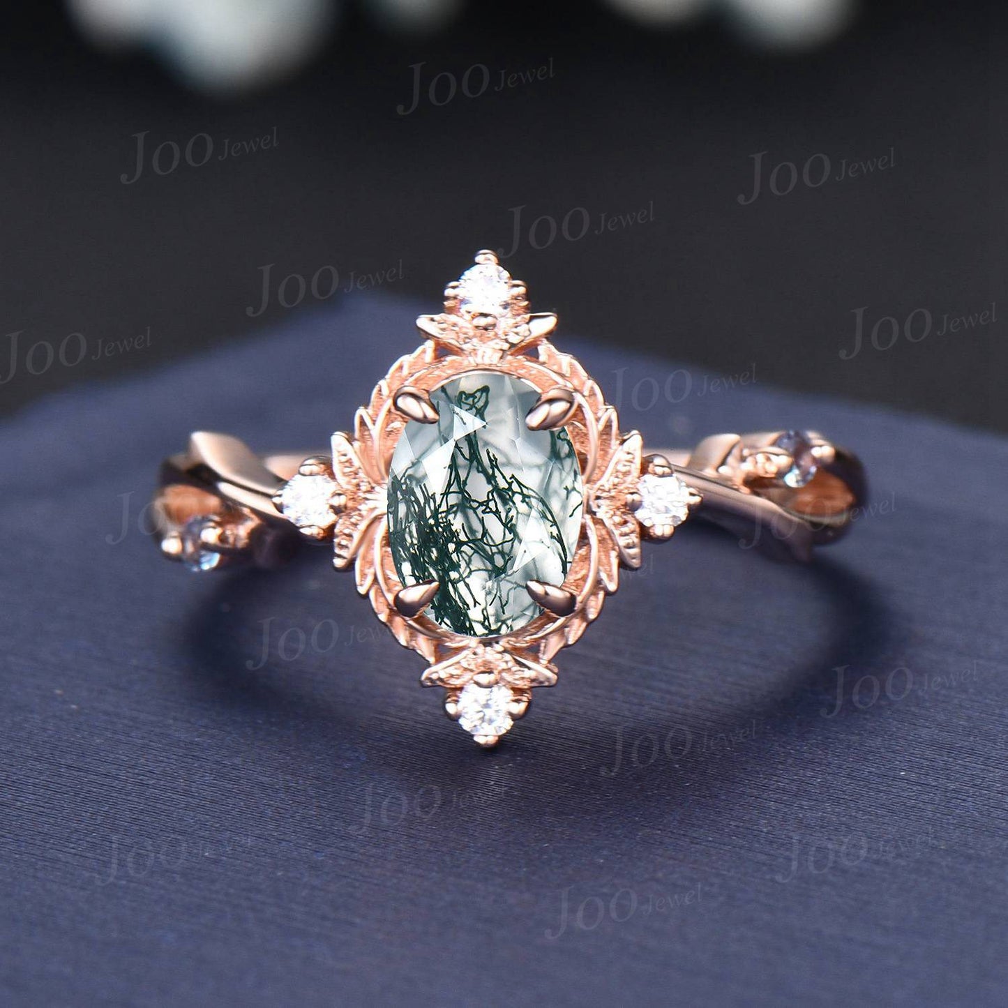 Halo Twig Moss Agate Ring Nature Inspired Oval Wedding Ring 14K Rose Gold Branch Vine Alexandrite Diamond Ring Unique Wedding Gifts Women