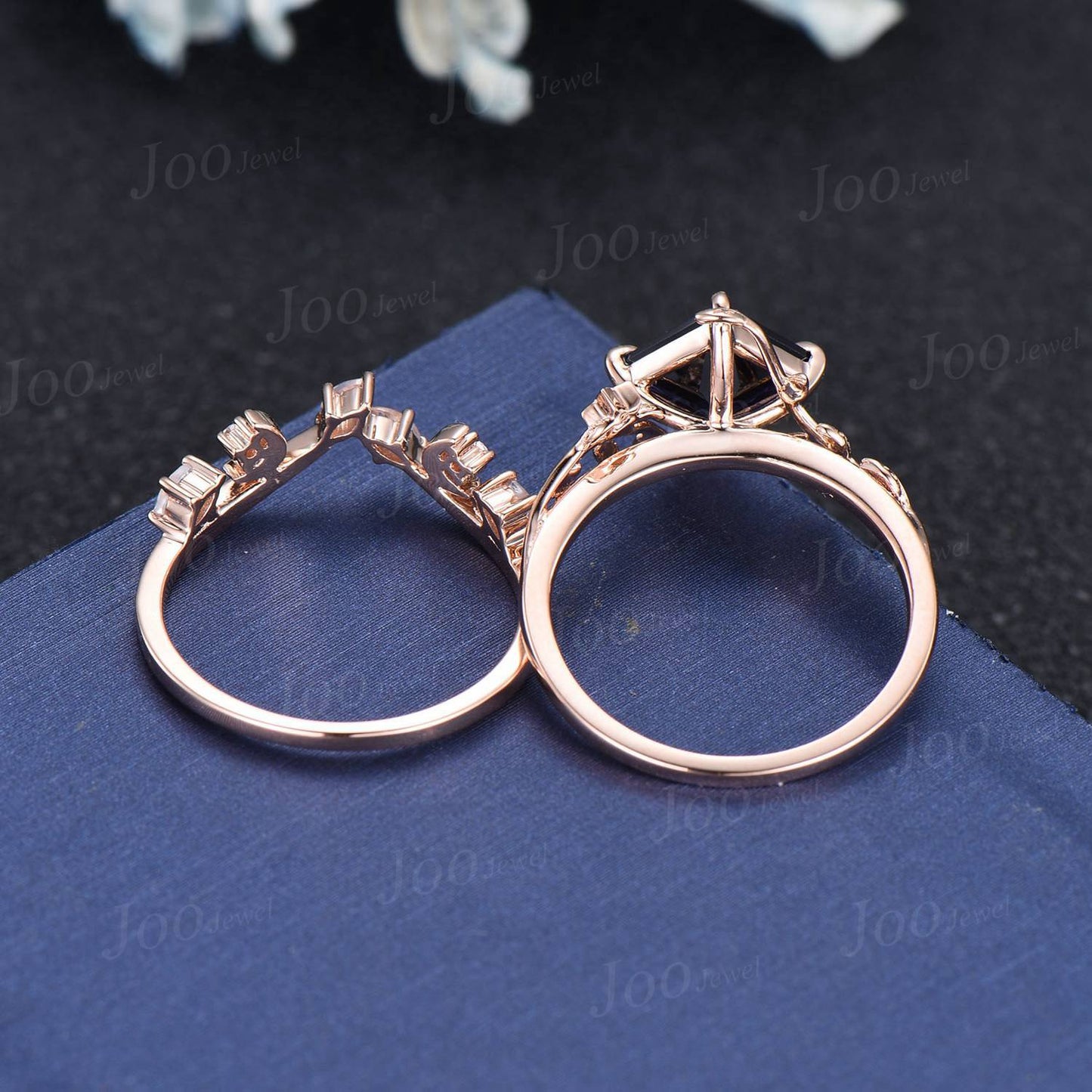 Princess Cut Blue Sapphire Moonstone Wedding Ring Set Unique Nature Inspired Branch Proposal Ring Moon Star Design Blue Sapphire Ring Women