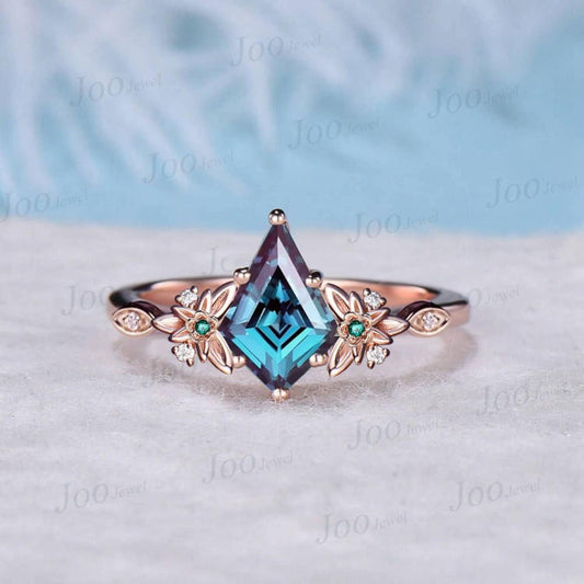 Vintage Kite Alexandrite Engagement Ring Rose Gold Leaf Flower Emerald Ring for Women Unique Cluster Diamond Art Deco Bridal Wedding Ring