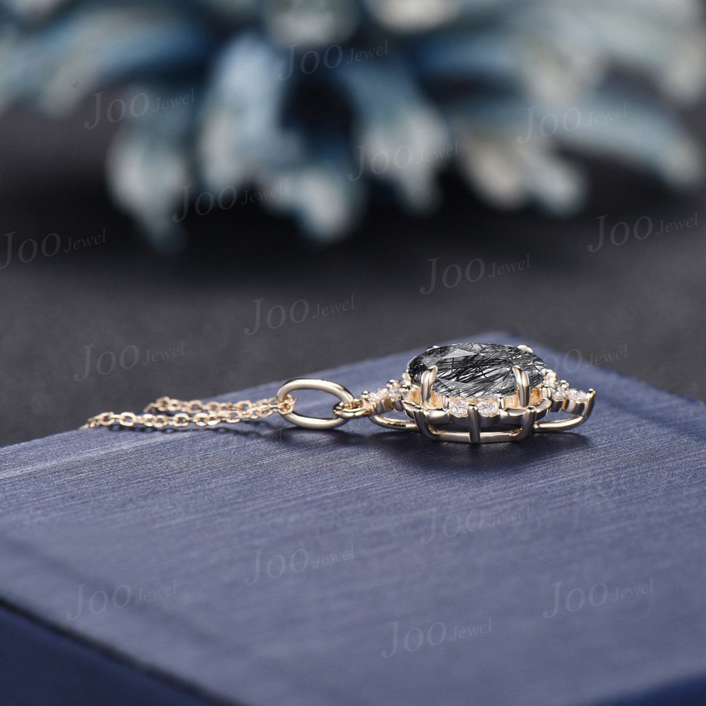 Oval Cut Natural Black Rutilated Quartz Pendant Vintage 14K Gold Crystal Necklace Twig Vine Branch Halo Moissanite Necklace Anniversary Gift