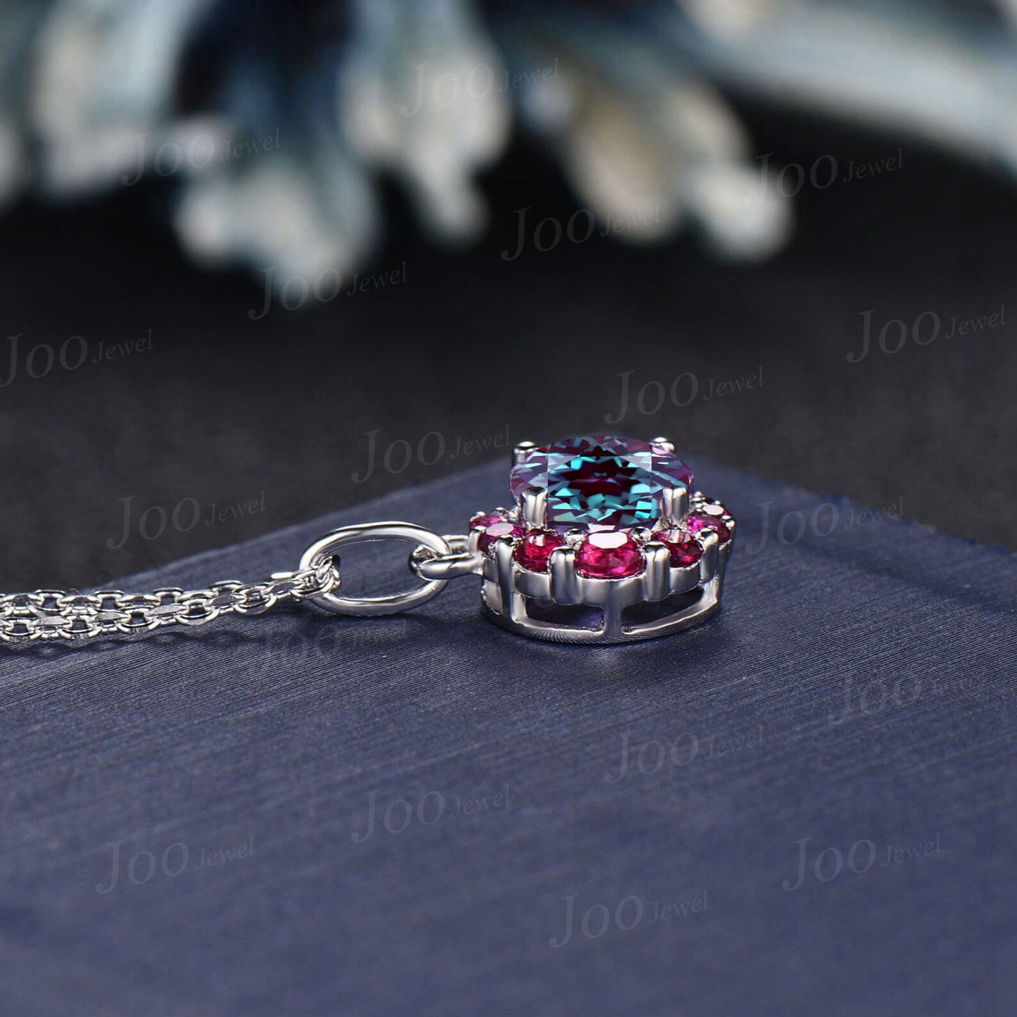 Round Color-Change Alexandrite Ruby Necklace Sterling Silver Crescent Moon Pendant Vintage Antique June Birthstone Necklace Birthday Gifts