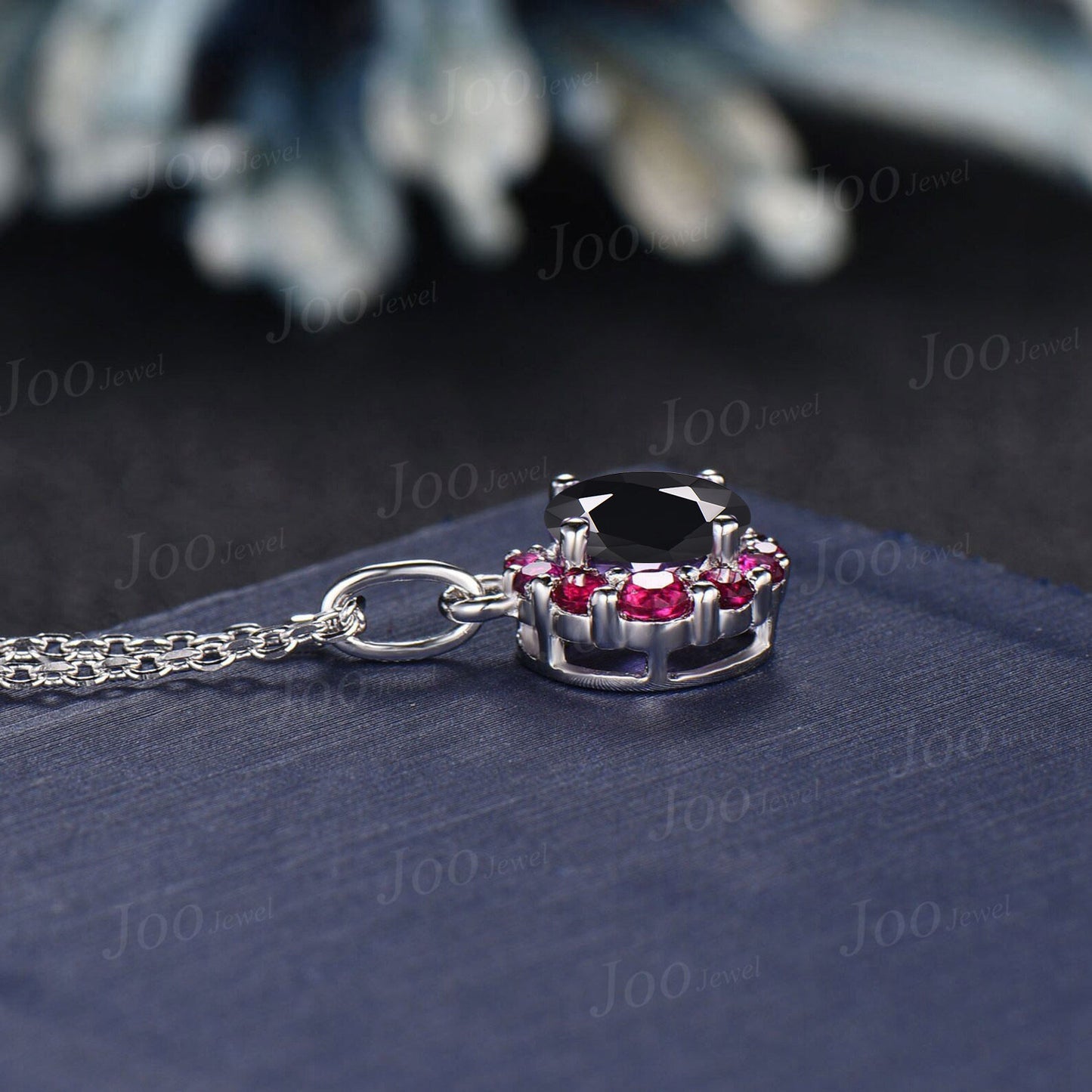 Round Cut Natural Black Onyx and Ruby Necklace Sterling Silver Crescent Moon Pendant Vintage Antique June Birthstone Necklace Birthday Gifts