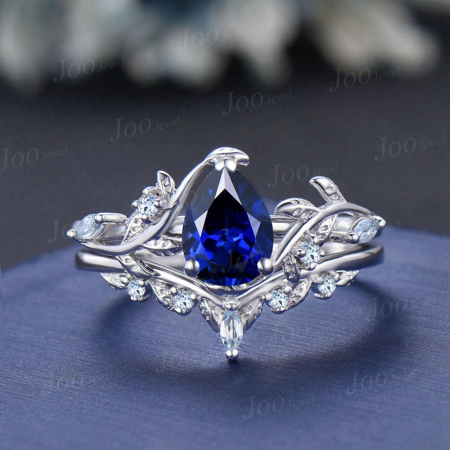 1.25ct Pear Cut Blue Sapphire Engagement Ring Set Leaf Branch Nature Inspired Real Aquamarine Wedding Ring for Women September Jewelry Gifts