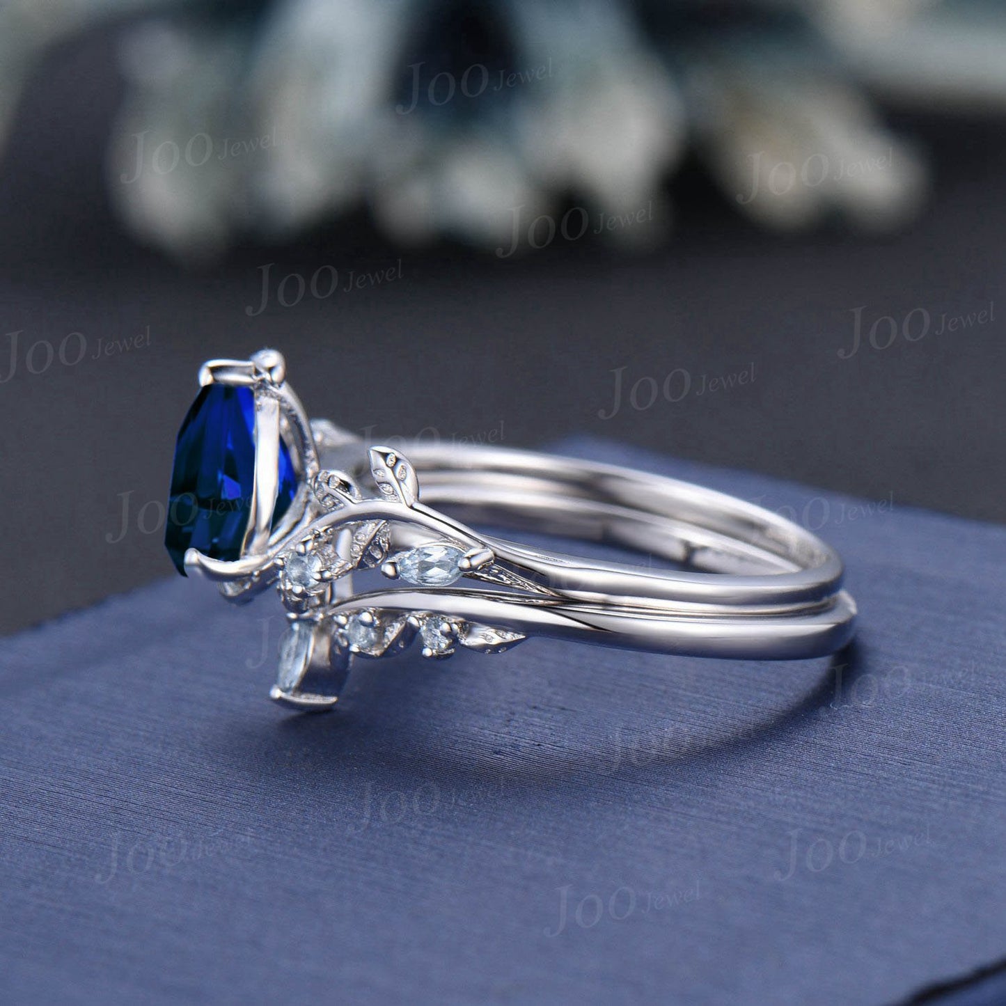 1.25ct Pear Cut Blue Sapphire Engagement Ring Set Leaf Branch Nature Inspired Real Aquamarine Wedding Ring for Women September Jewelry Gifts
