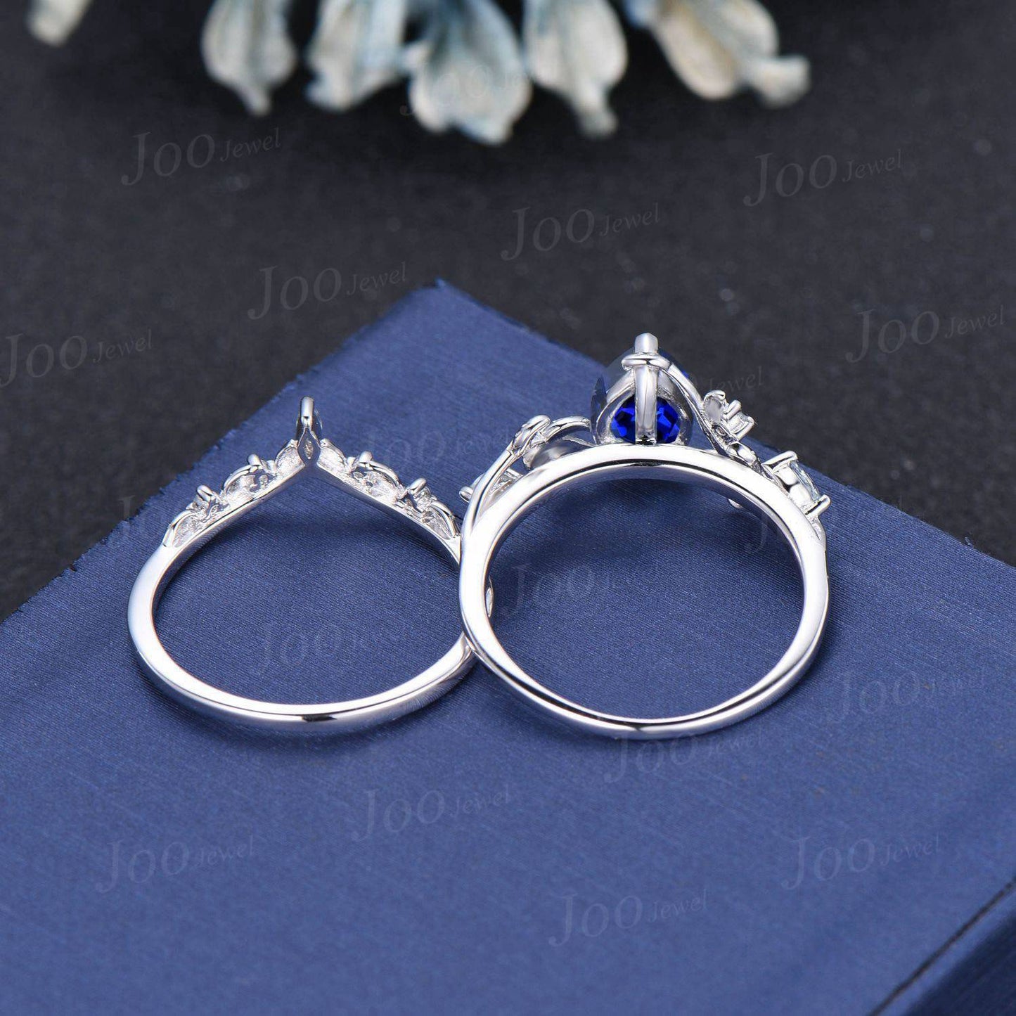 1.25ct Pear Cut Blue Sapphire Engagement Ring Set Leaf Branch Nature Inspired Real Aquamarine Wedding Ring for Women September Jewelry Gifts
