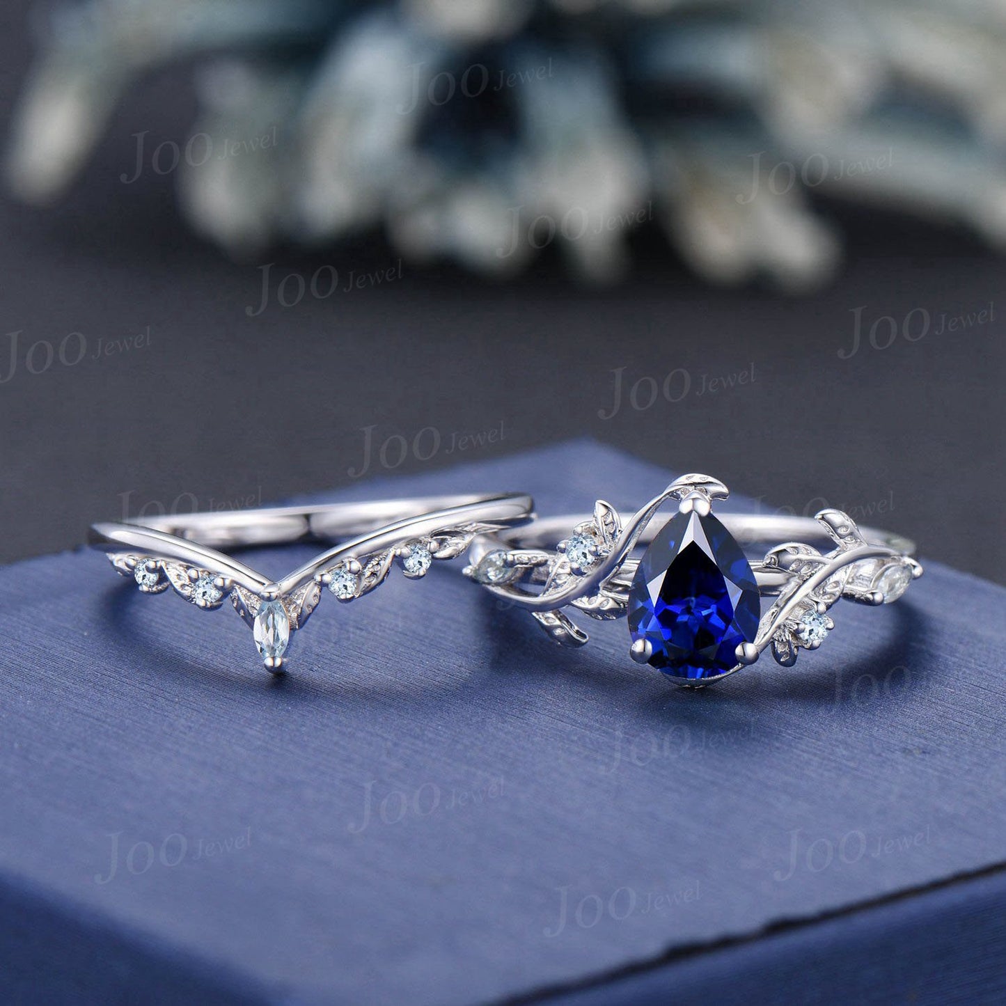 1.25ct Pear Cut Blue Sapphire Engagement Ring Set Leaf Branch Nature Inspired Real Aquamarine Wedding Ring for Women September Jewelry Gifts