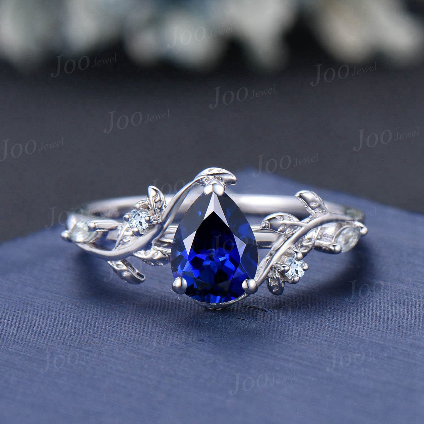 1.25ct Pear Cut Blue Sapphire Engagement Ring Set Leaf Branch Nature Inspired Real Aquamarine Wedding Ring for Women September Jewelry Gifts