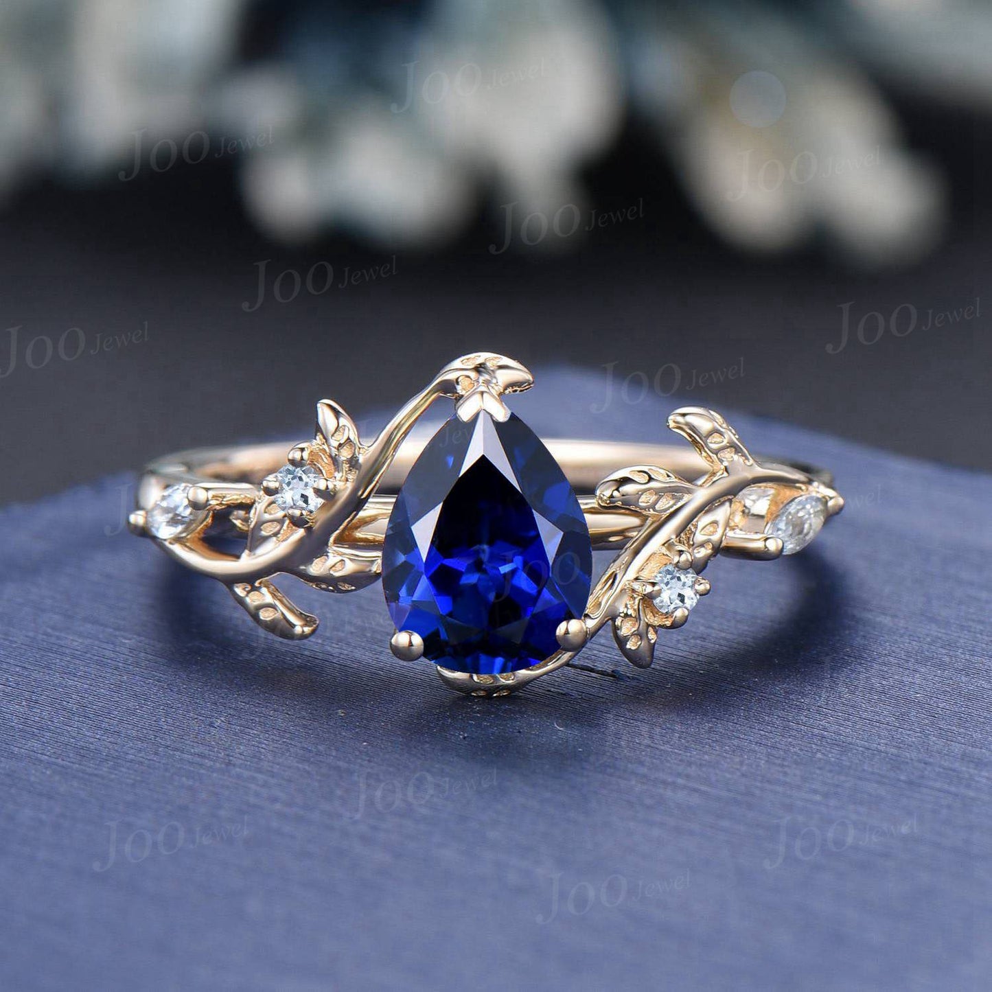 1.25ct Pear Cut Blue Sapphire Engagement Ring Set Leaf Branch Nature Inspired Real Aquamarine Wedding Ring for Women September Jewelry Gifts