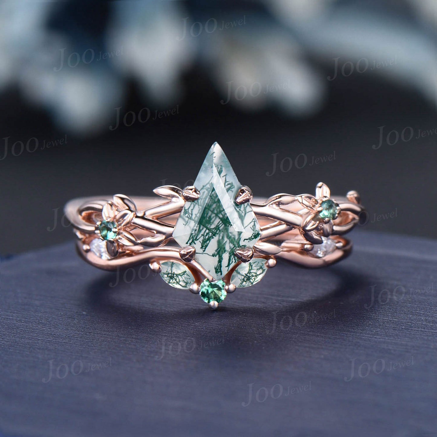 1ct Nature Inspired Kite Moss Agate Ring Set Floral Engagement Ring Green Emerald Branch Twig Vine Wedding Ring Vintage Agate Bridal Sets