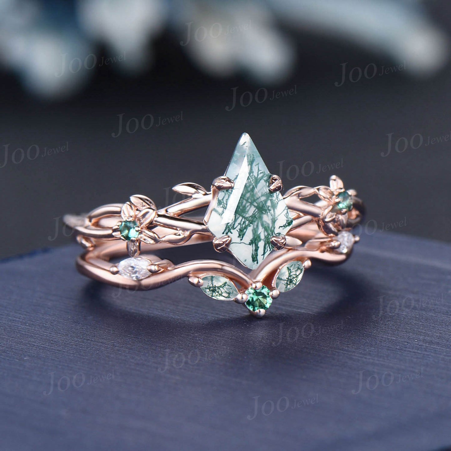 1ct Nature Inspired Kite Moss Agate Ring Set Floral Engagement Ring Green Emerald Branch Twig Vine Wedding Ring Vintage Agate Bridal Sets