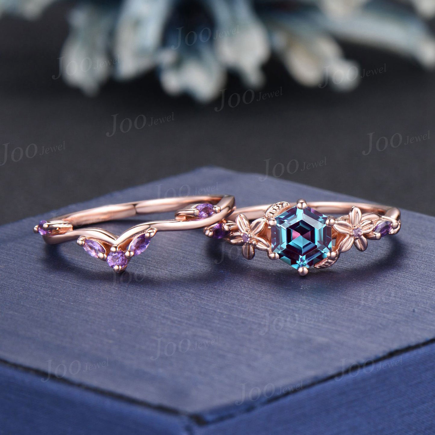 1ct Hexagon Flower Nature Inspired Color-Change Alexandrite Engagement Ring Set Rose Gold Amethyst Wedding Ring June Birthstone Jewelry Gift