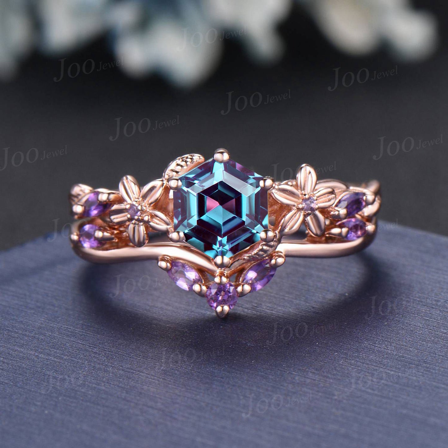 1ct Hexagon Flower Nature Inspired Color-Change Alexandrite Engagement Ring Set Rose Gold Amethyst Wedding Ring June Birthstone Jewelry Gift