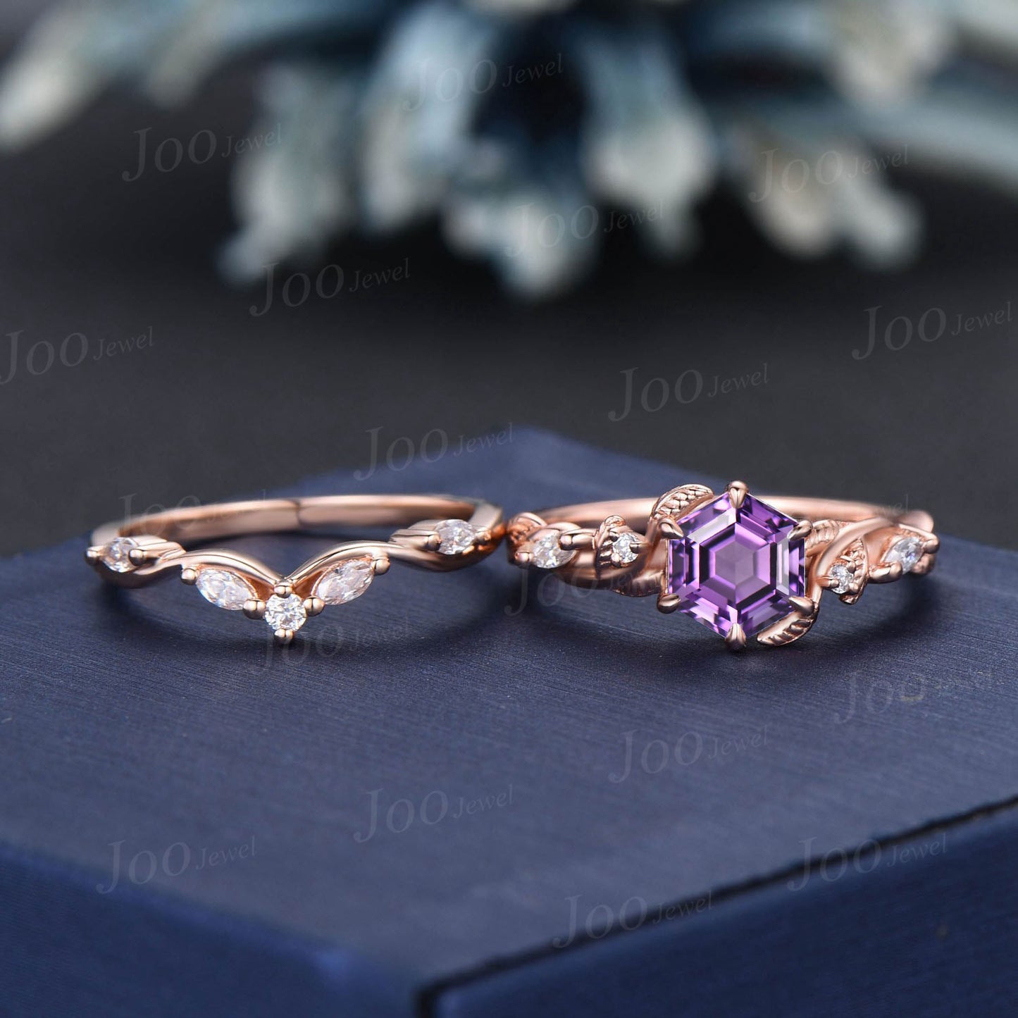 Hexagon Amethyst Engagement Ring Set Rose Gold Nature Inspired Moissanite Amethyst Wedding Ring Twisted Leaf Ring February Birthstone Gifts