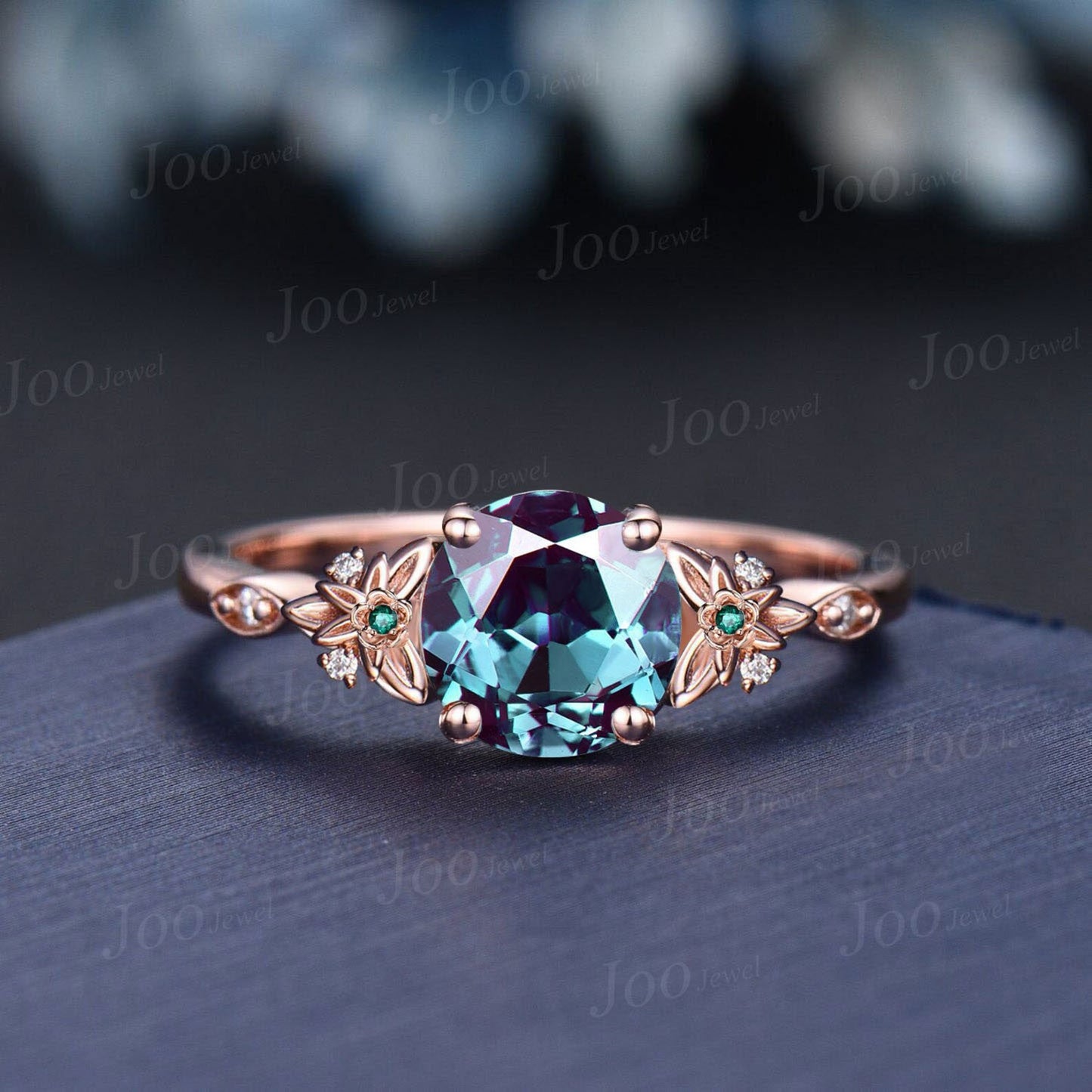 Vintage Kite Alexandrite Engagement Ring Rose Gold Leaf Flower Emerald Ring for Women Unique Cluster Diamond Art Deco Bridal Wedding Ring