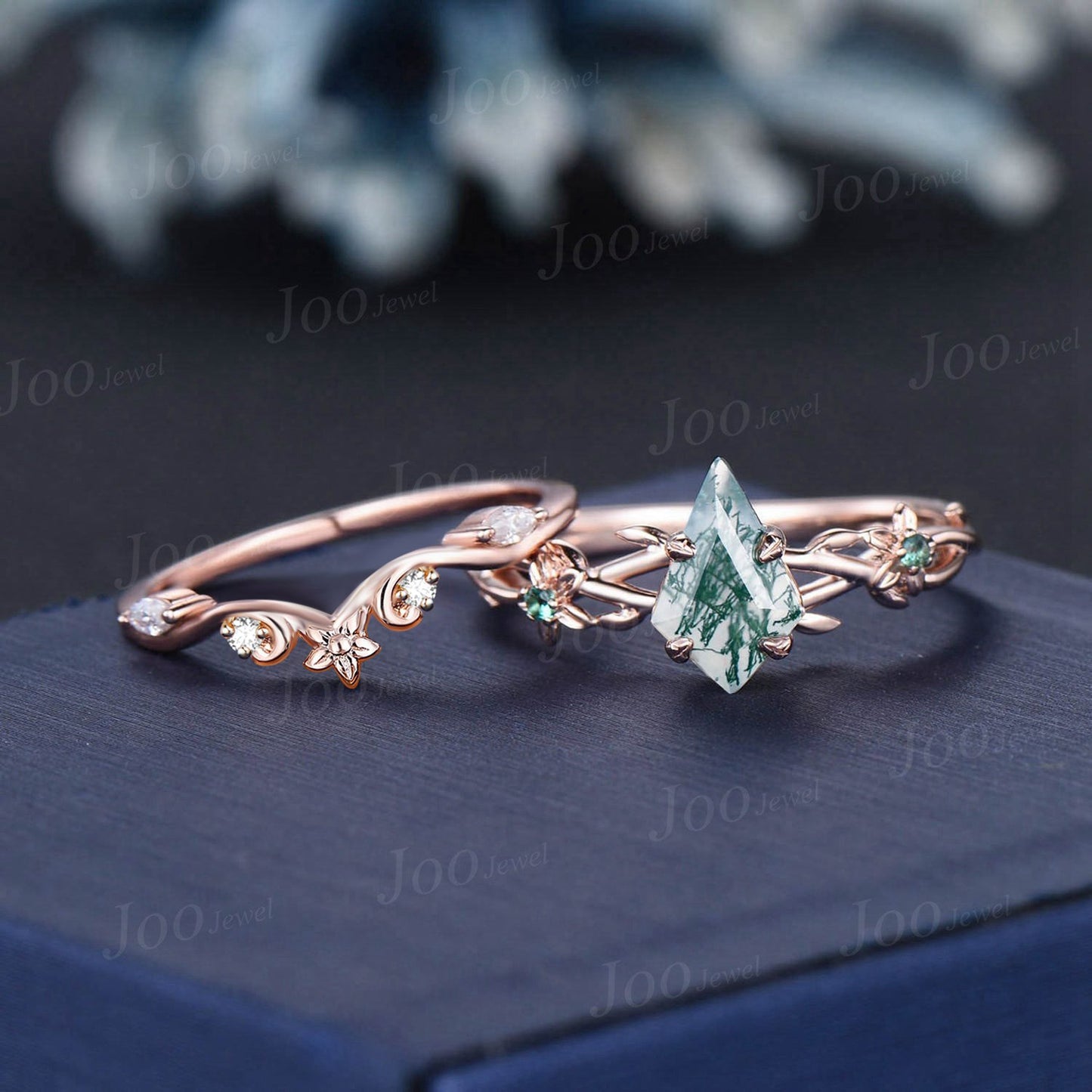 1ct Nature Inspired Floral Bridal Set Kite Moss Agate Emerald Engagement Ring Branch Twig Vine Wedding Ring Vintage Aquatic Agate Jewelry