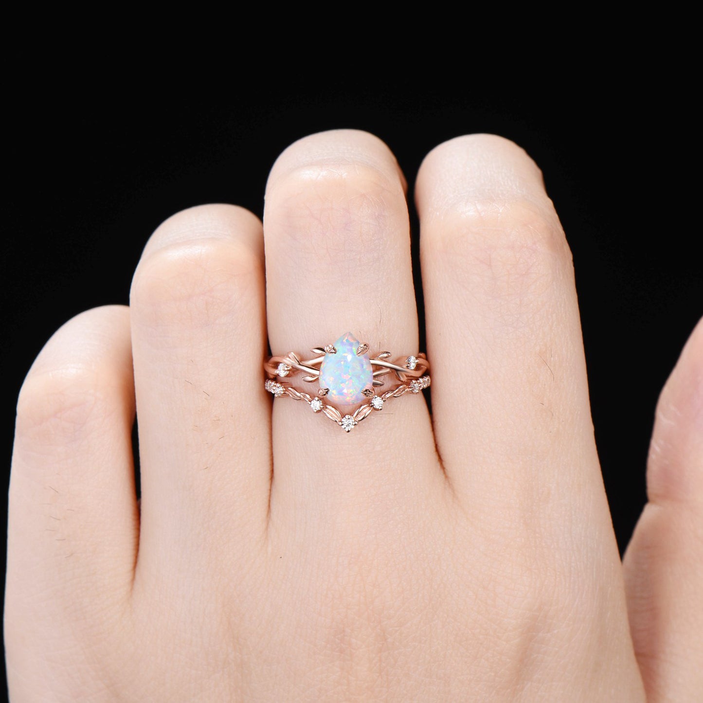 1.25ct Opal Engagement Ring Set Vintage 14K Rose Gold Nature Wedding Ring Twig Vine Pear White Fire Opal Ring Unique October Birthstone Gift