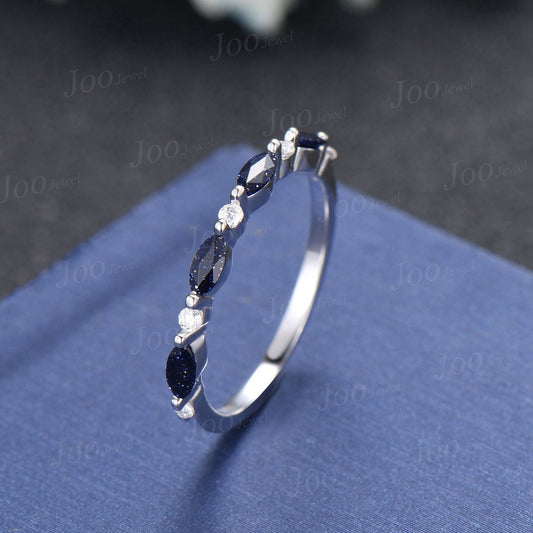Marquise Galaxy Blue Sandstone Wedding Band Diamond Starry Sky Wedding Ring Vintage Rose Gold Silver Ring For Women Minimalist Dainty Ring