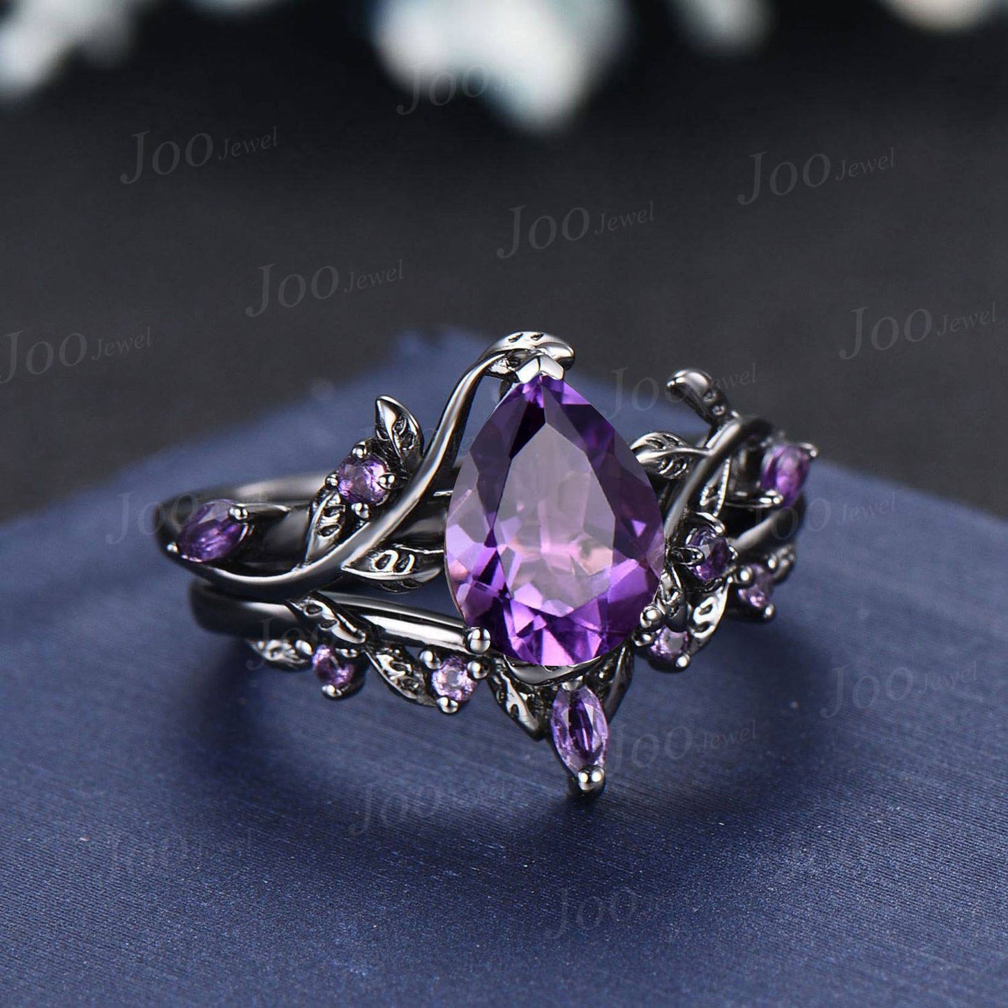 Black Gold Natural Amethyst Leaf Bridal Set February Birthstone Gift 1.25ct Nature Inspired Pear Amethyst Ring Purple Crystal Wedding Ring