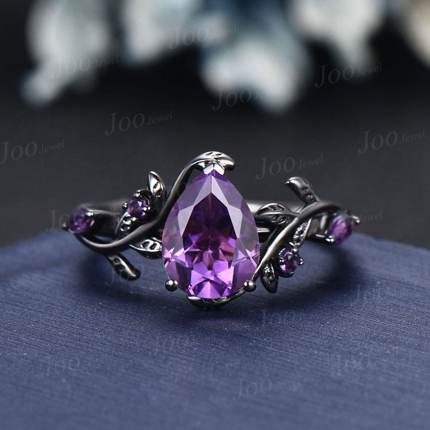 Black Gold Natural Amethyst Leaf Bridal Set February Birthstone Gift 1.25ct Nature Inspired Pear Amethyst Ring Purple Crystal Wedding Ring