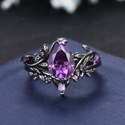 Black Gold Natural Amethyst Leaf Bridal Set February Birthstone Gift 1.25ct Nature Inspired Pear Amethyst Ring Purple Crystal Wedding Ring