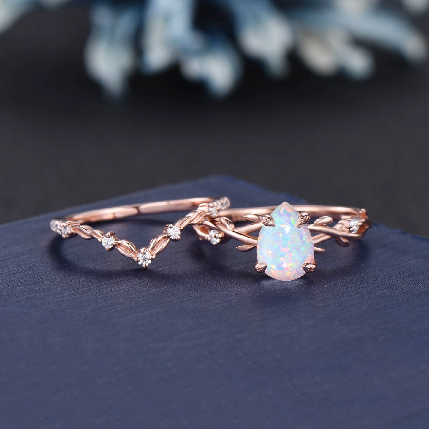1.25ct Opal Engagement Ring Set Vintage 14K Rose Gold Nature Wedding Ring Twig Vine Pear White Fire Opal Ring Unique October Birthstone Gift