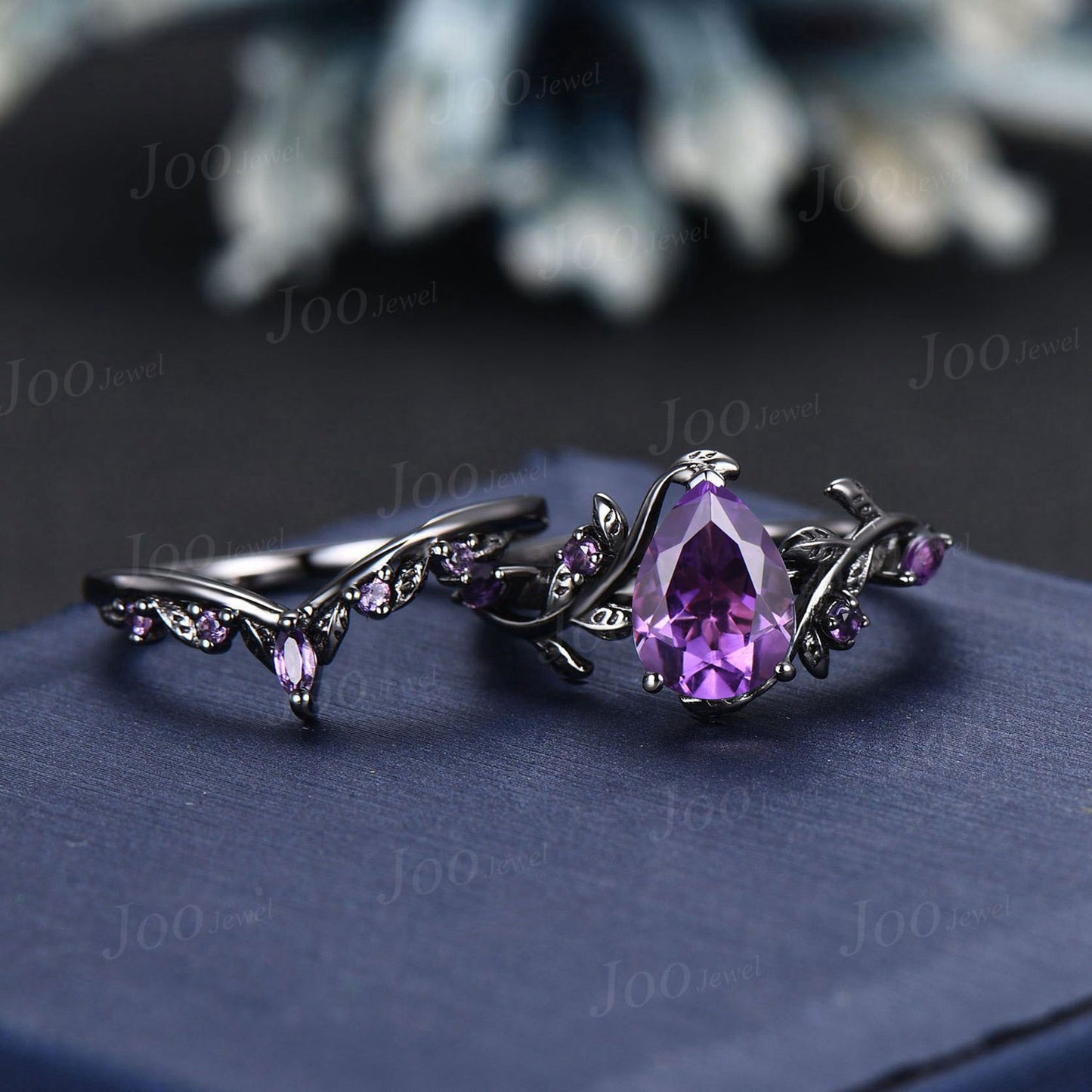 Black Gold Natural Amethyst Leaf Bridal Set February Birthstone Gift 1.25ct Nature Inspired Pear Amethyst Ring Purple Crystal Wedding Ring