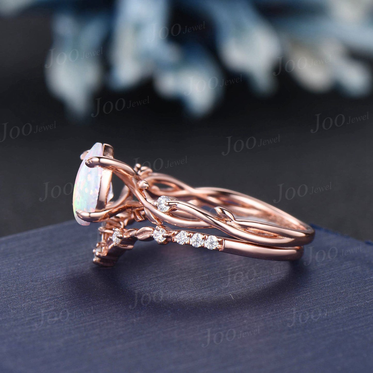 1.25ct Opal Engagement Ring Set Vintage 14K Rose Gold Nature Wedding Ring Twig Vine Pear White Fire Opal Ring Unique October Birthstone Gift