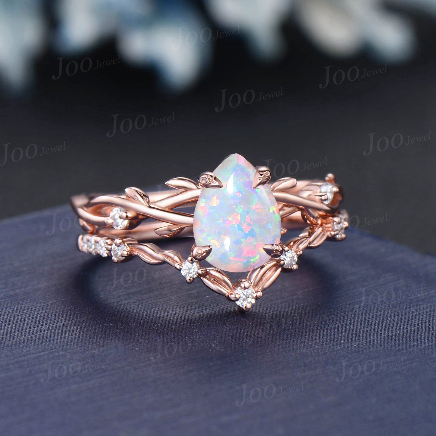 1.25ct Opal Engagement Ring Set Vintage 14K Rose Gold Nature Wedding Ring Twig Vine Pear White Fire Opal Ring Unique October Birthstone Gift